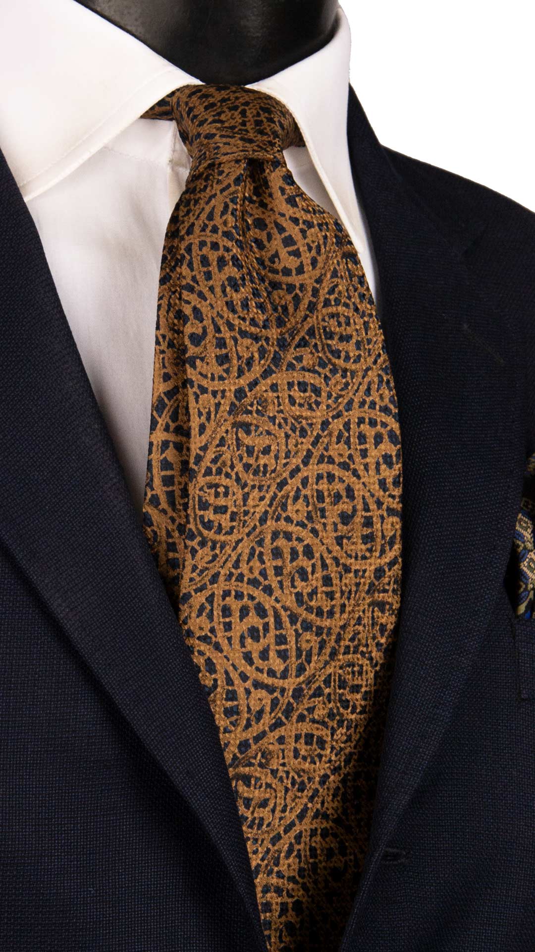 Cravatta Vintage di Seta Jacquard Blu Fantasia Giallo Oro CV1157 Made in Italy Graffeo Cravatte