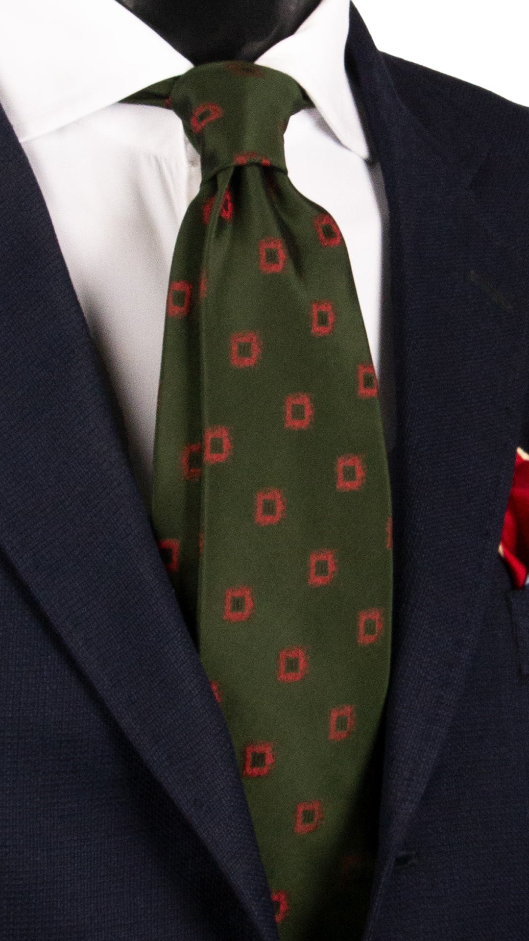 Cravatte di Seta Verde Oliva Scuro Fantasia Rosso Corallo 7394 Made in Italy Graffeo Cravatte