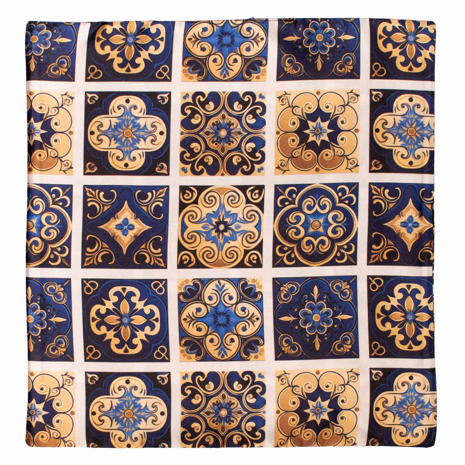 Man Sicilian Printed Satin Pocket Square Gold Yellow Blue Deep Blue Majolica Pattern POCS32