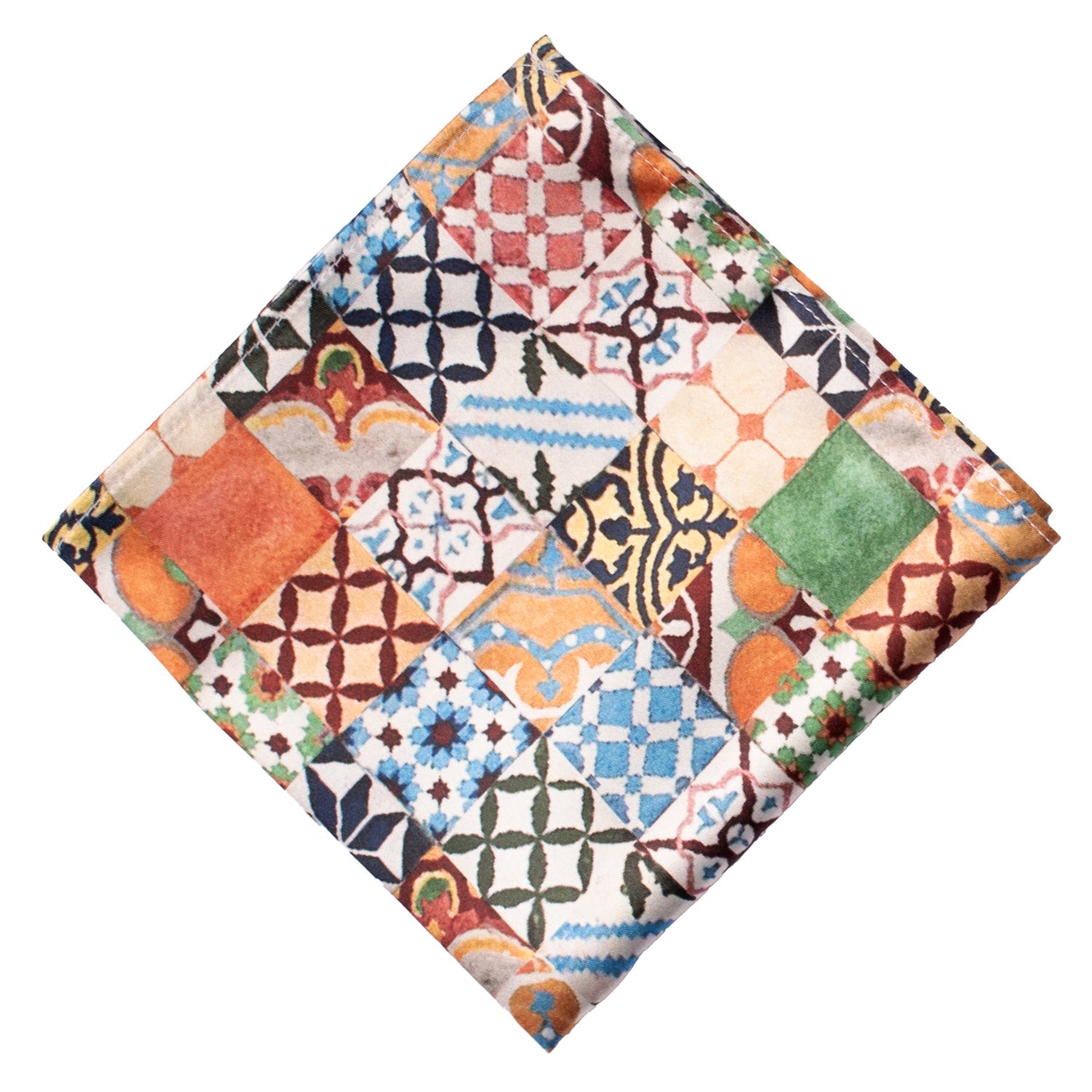 Fazzoletto da Taschino Siciliano Stampa di Raso con Maioliche Multicolor POCS7 Made in Italy Graffeo Cravatte Rombo