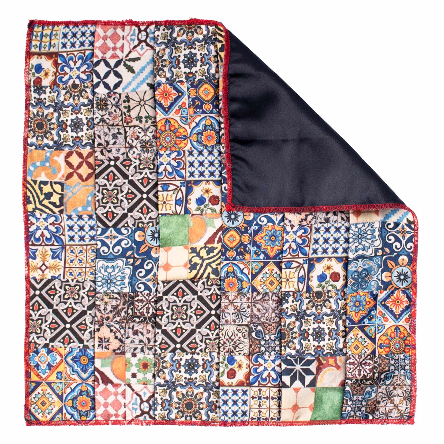 Fazzoletto da Taschino Siciliano di Seta Vintage Patchwork con Maioliche Multicolor POCP119 Made in Italy Graffeo Cravatte Retro