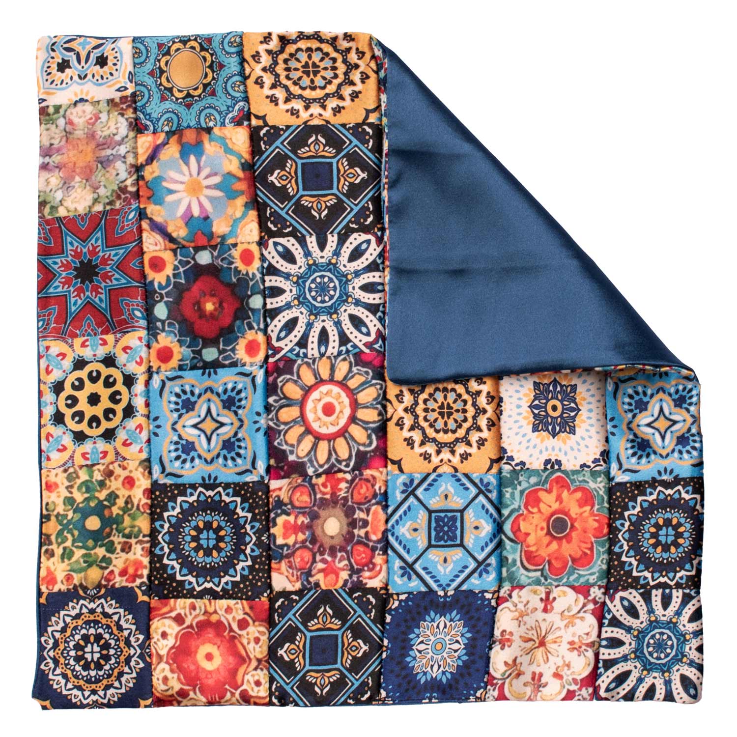 Fazzoletto da Taschino Siciliano di Seta Vintage Patchwork con Maioliche Multicolor POCP132 Made in Italy Graffeo Cravatte Retro