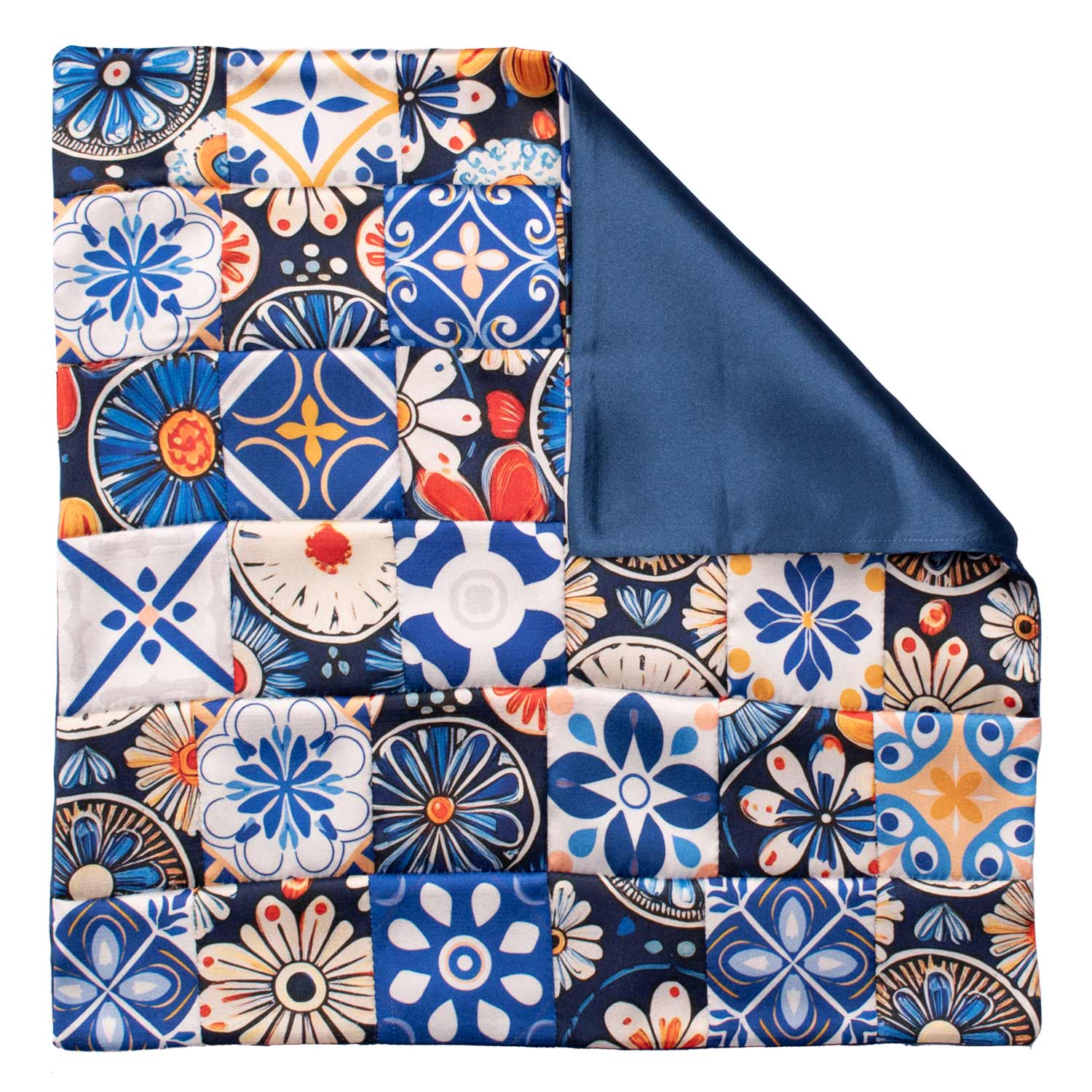 Fazzoletto da Taschino Siciliano di Seta Vintage Patchwork con Maioliche Multicolor POCP133 Made in Italy Graffeo Cravatte Retro