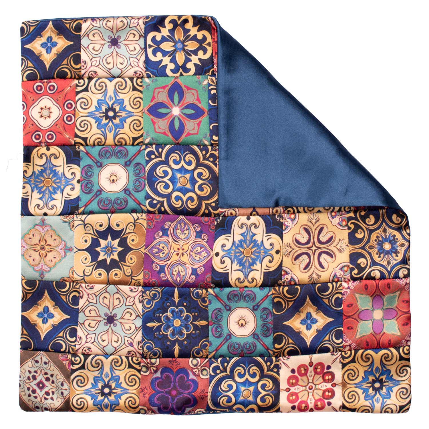 Fazzoletto da Taschino Siciliano di Seta Vintage Patchwork con Maioliche Multicolor POCP134 Made in Italy Graffeo Cravatte Retro