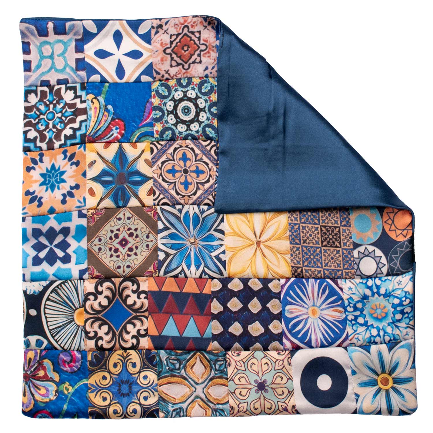 Fazzoletto da Taschino Siciliano di Seta Vintage Patchwork con Maioliche Multicolor POCP135 Made in Italy Graffeo Cravatte Retro