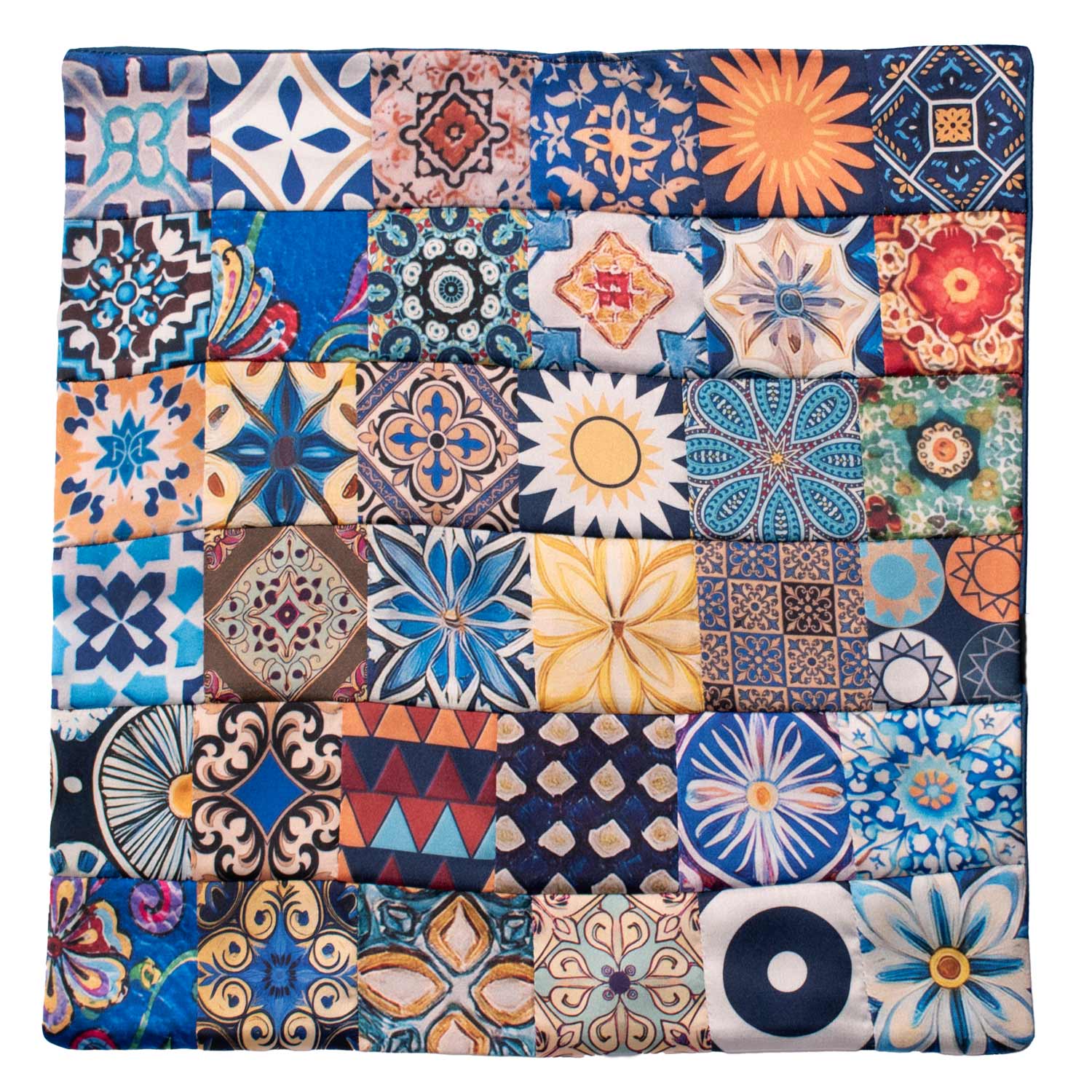 Fazzoletto da Taschino Siciliano di Seta Vintage Patchwork con Maioliche Multicolor POCP135 Made in Italy Graffeo Cravatte