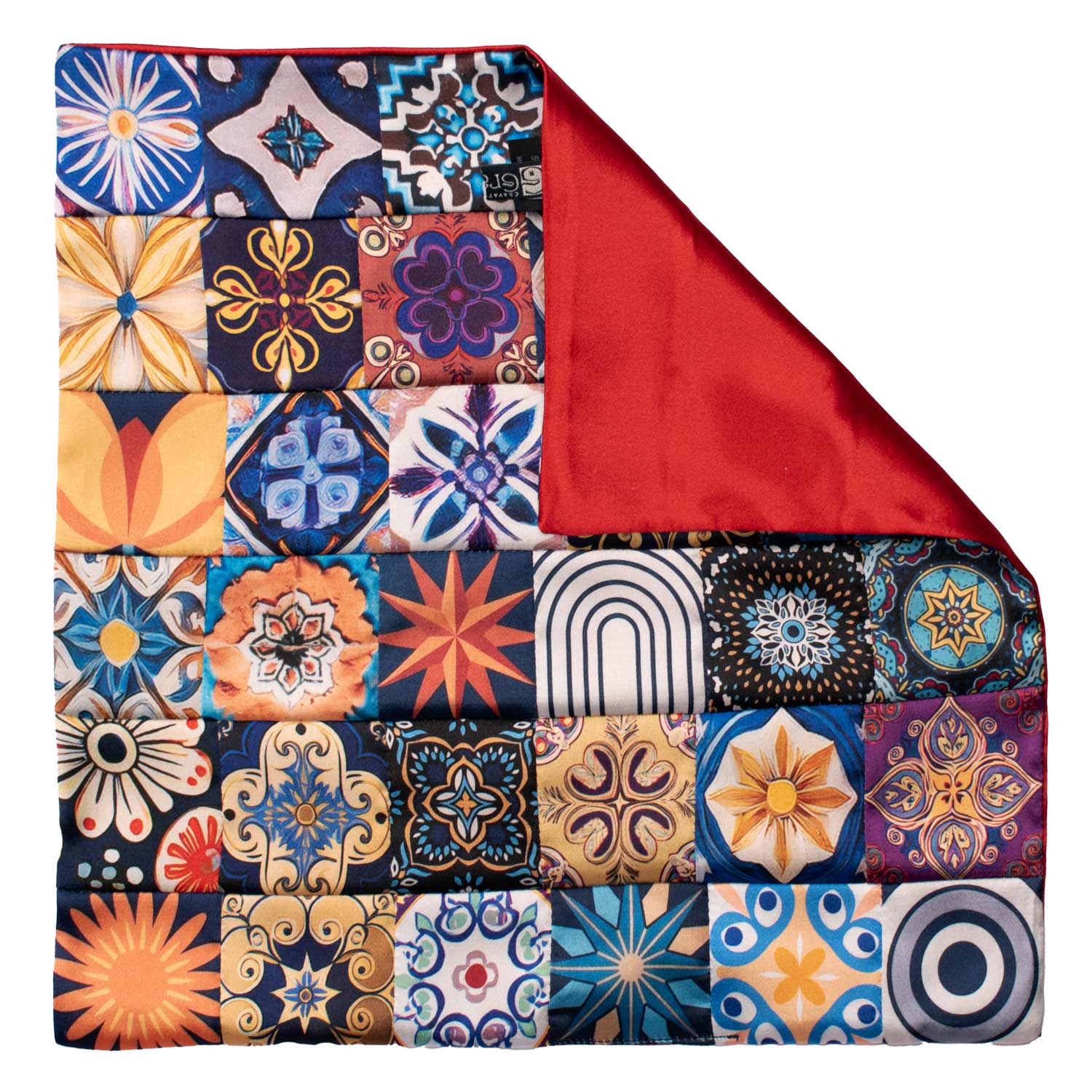 azzoletto da Taschino Siciliano di Seta Vintage Patchwork con Maioliche Multicolor POCP138 Made in Italy Graffeo Cravatte Retro