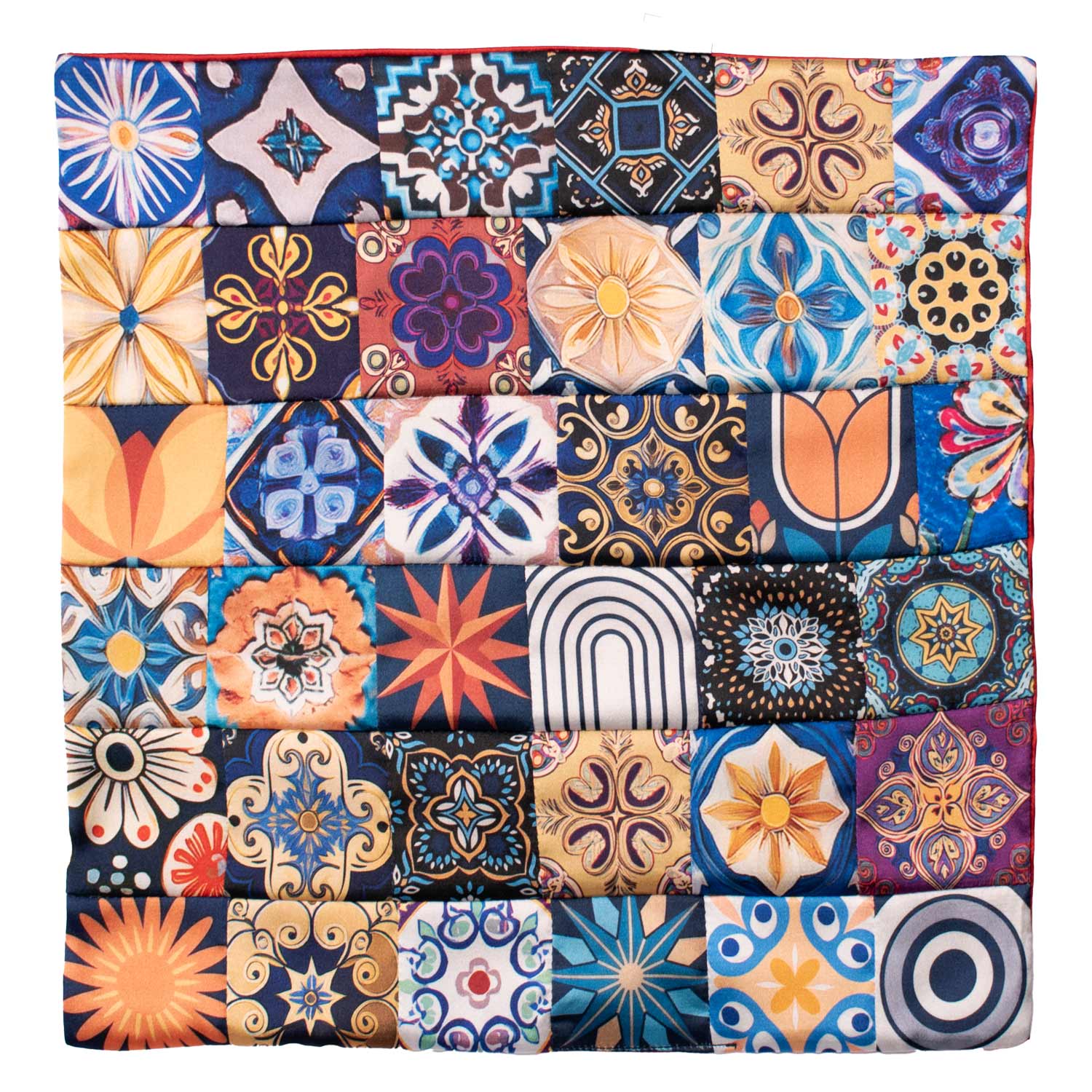 Fazzoletto da Taschino Siciliano di Seta Vintage Patchwork con Maioliche Multicolor POCP138 Made in Italy Graffeo Cravatte