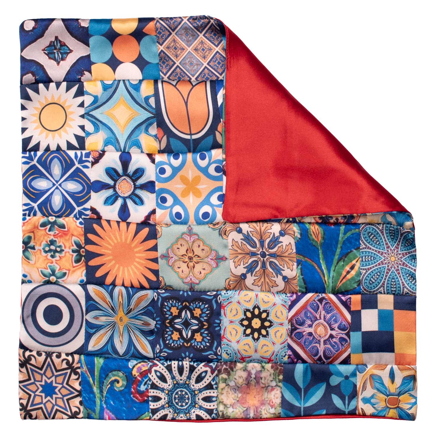 Fazzoletto da Taschino Siciliano di Seta Vintage Patchwork con Maioliche Multicolor POCP139 Made in Italy Graffeo Cravatte Retro