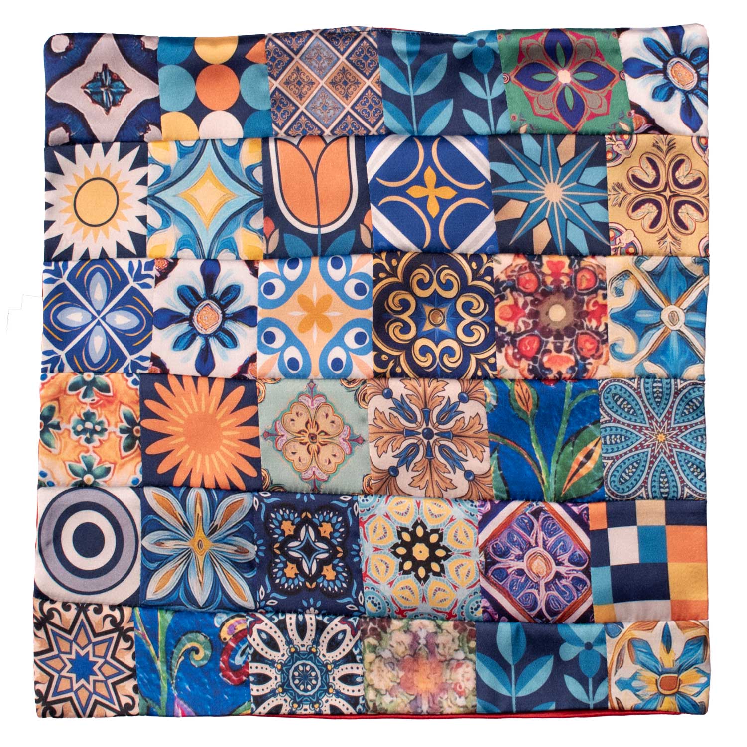 Fazzoletto da Taschino Siciliano di Seta Vintage Patchwork con Maioliche Multicolor POCP139 Made in Italy Graffeo Cravatte