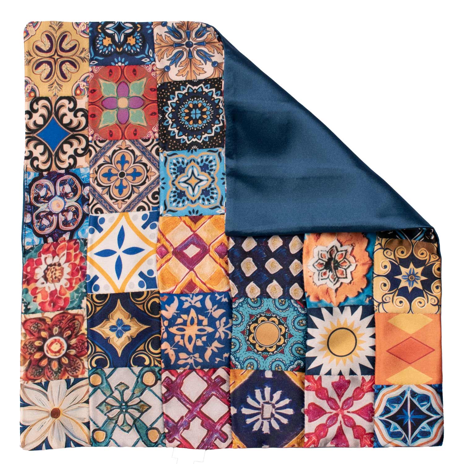 Fazzoletto da Taschino Siciliano di Seta Vintage Patchwork con Maioliche Multicolor POCP140 Made in Italy Graffeo Cravatte Retro