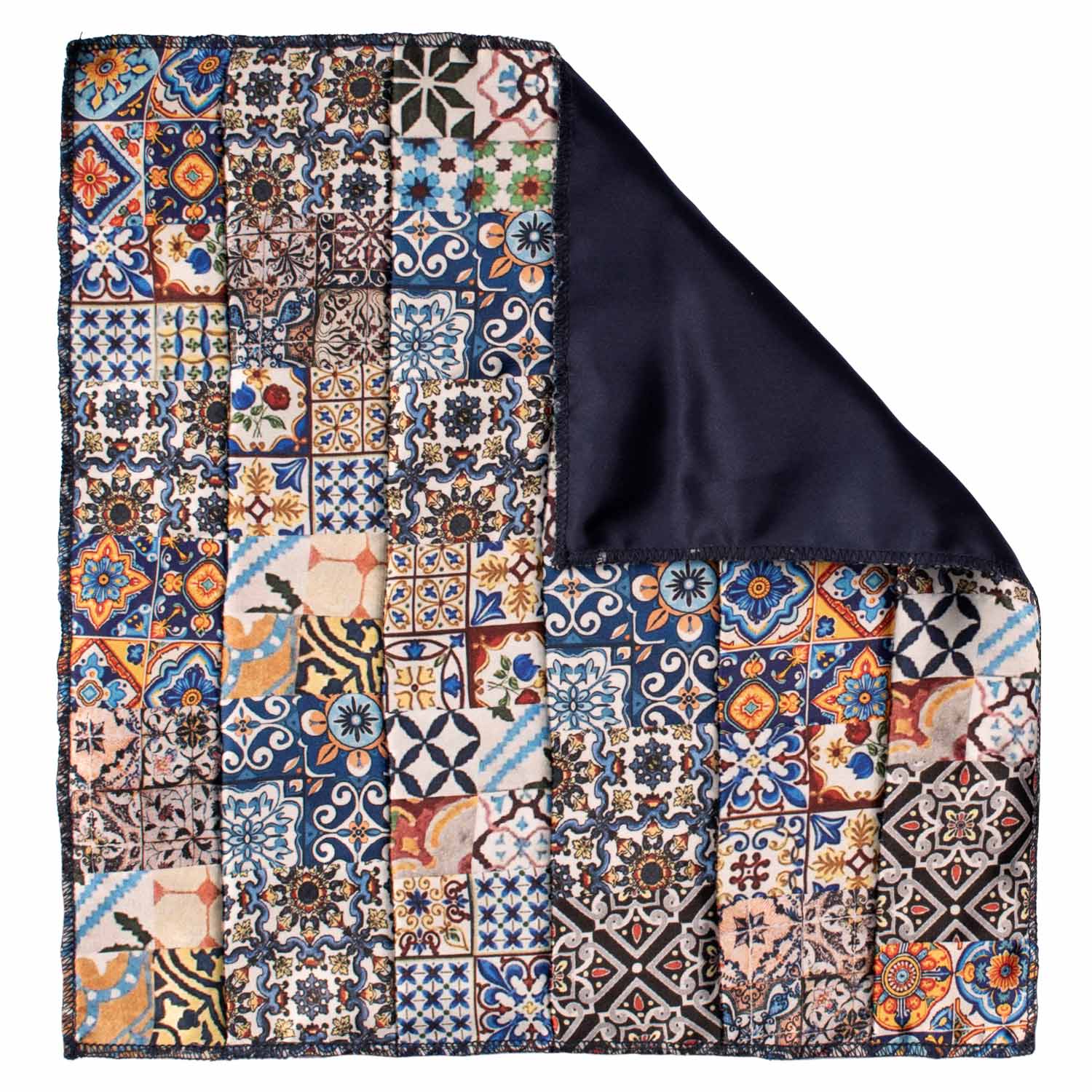 Fazzoletto da Taschino Siciliano di Seta Vintage Patchwork con Maioliche Multicolor POCP73 Made in Italy Graffeo Cravatte Retro