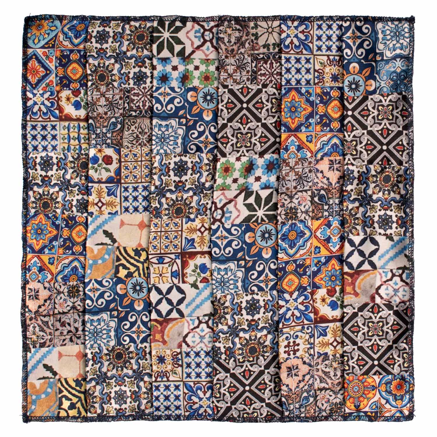 Fazzoletto da Taschino Siciliano di Seta Vintage Patchwork con Maioliche Multicolor POCP73 Made in Italy Graffeo Cravatte