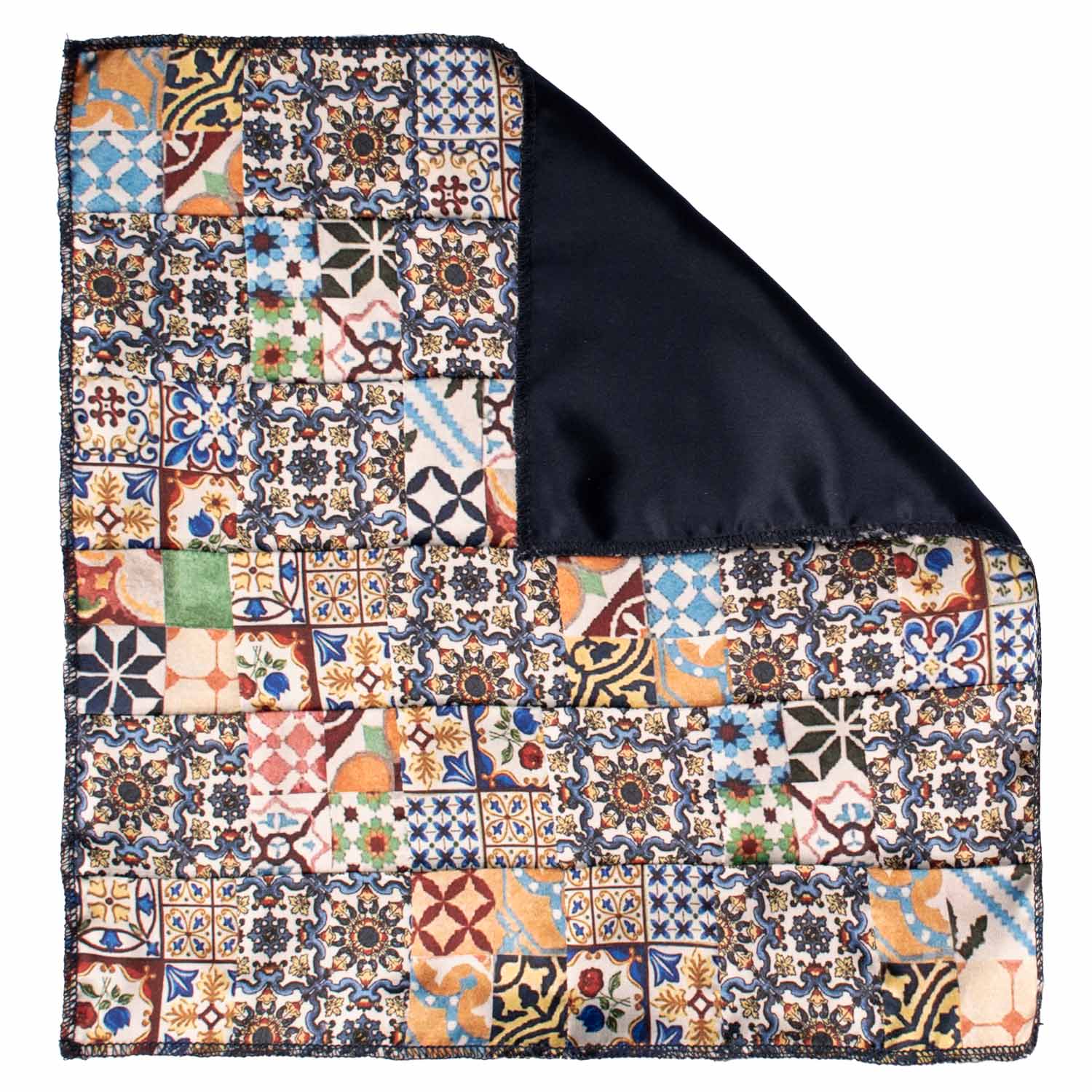 Fazzoletto da Taschino Siciliano di Seta Vintage Patchwork con Maioliche Multicolor POCP74 Made in Italy Graffeo Cravatte Retro