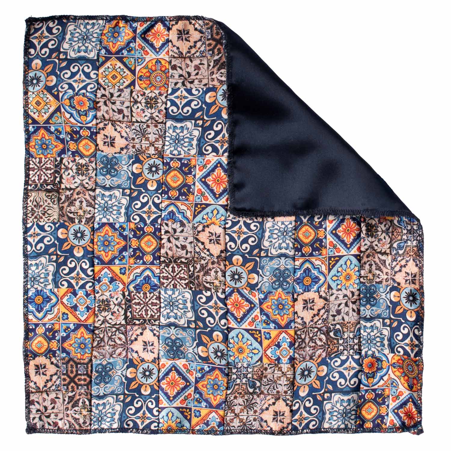 Fazzoletto da Taschino Siciliano di Seta Vintage Patchwork con Maioliche Multicolor POCP82 Made in Italy Graffeo Cravatte Retro