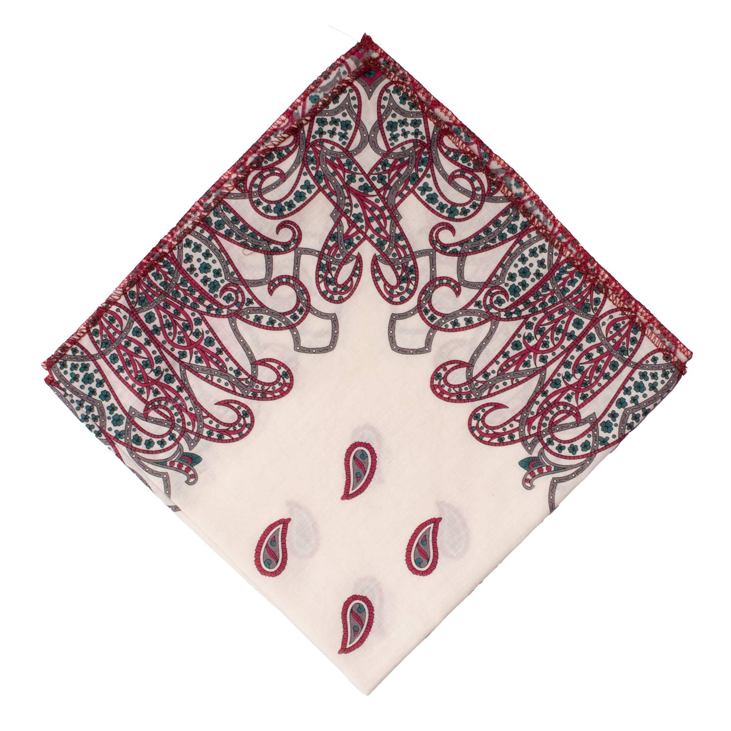 Fazzoletto da Taschino Vintage di Cotone Bianco Sporco Paisley Magenta Grigio Verde POCV1075 Made in Italy Graffeo Cravatte Rombo