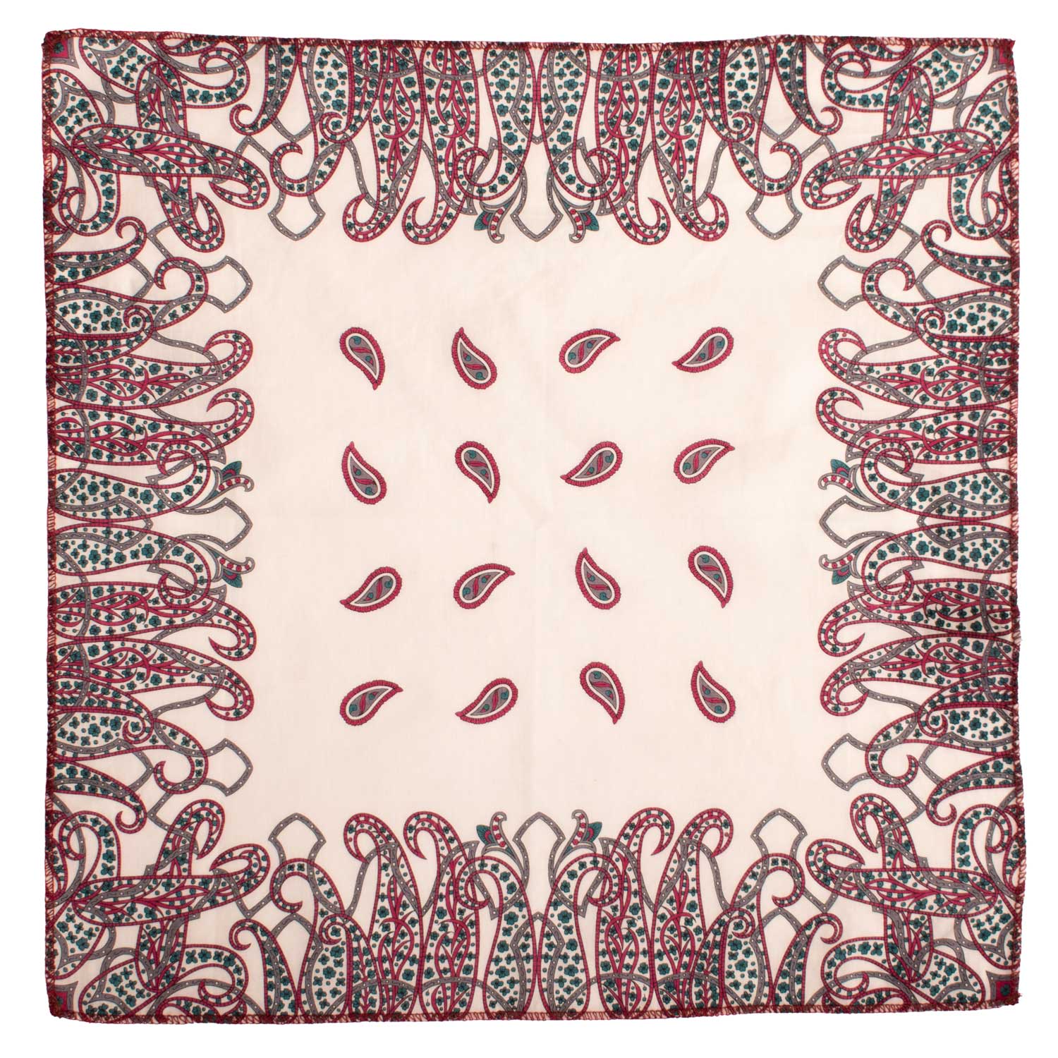 Fazzoletto da Taschino Vintage di Cotone Bianco Sporco Paisley Magenta Grigio Verde POCV1075 Made in Italy Graffeo Cravatte