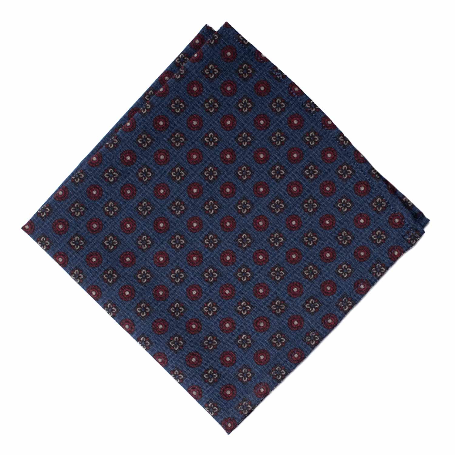 Fazzoletto da Taschino Vintage di Lana Blu Navy Fantasia Rosso Bordeaux Beige POCV1046 Graffeo Cravatte Made in Italy Rombo