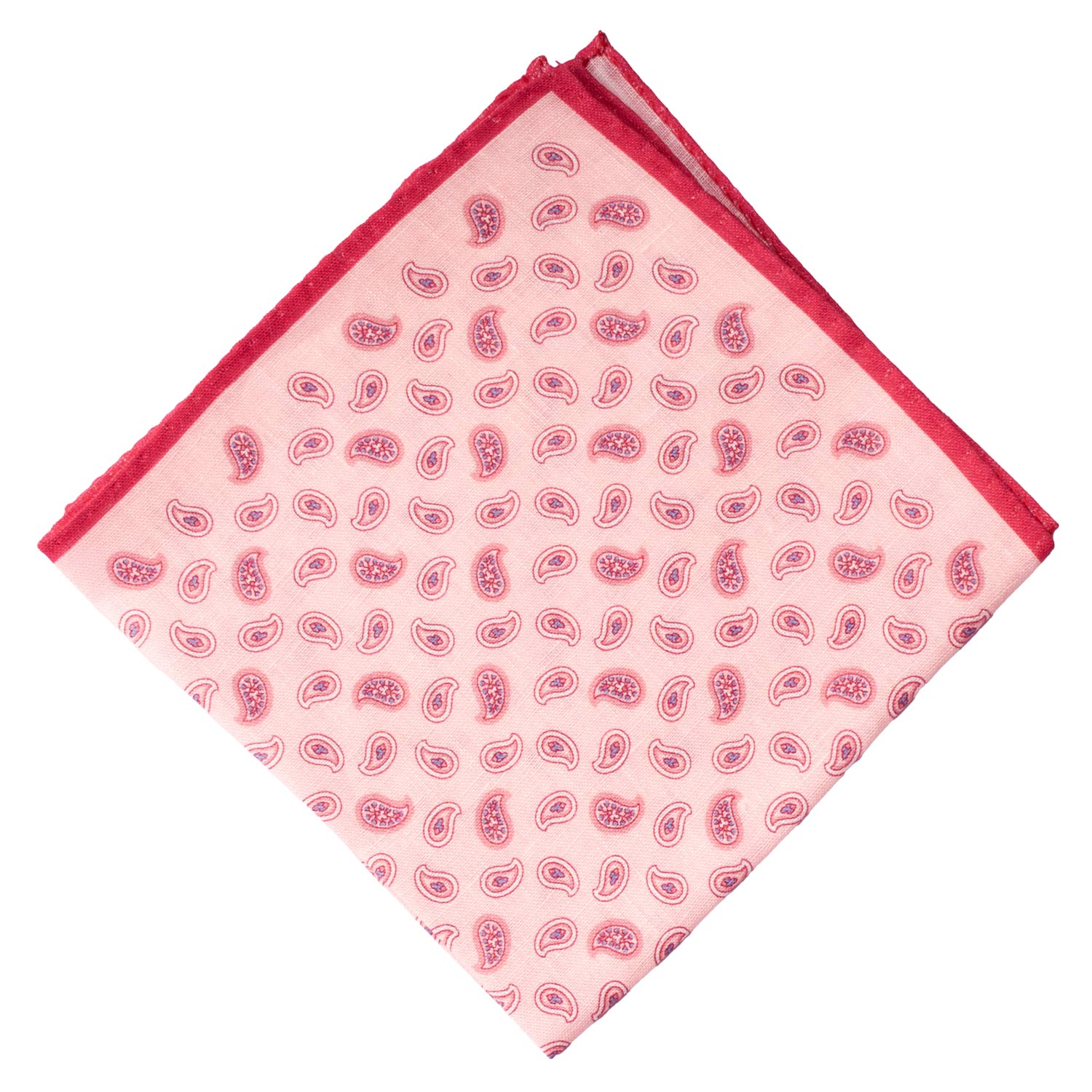 Fazzoletto da Taschino Vintage di Lino Rosa Paisley Bianco Magenta Celeste POCV791 Piegata