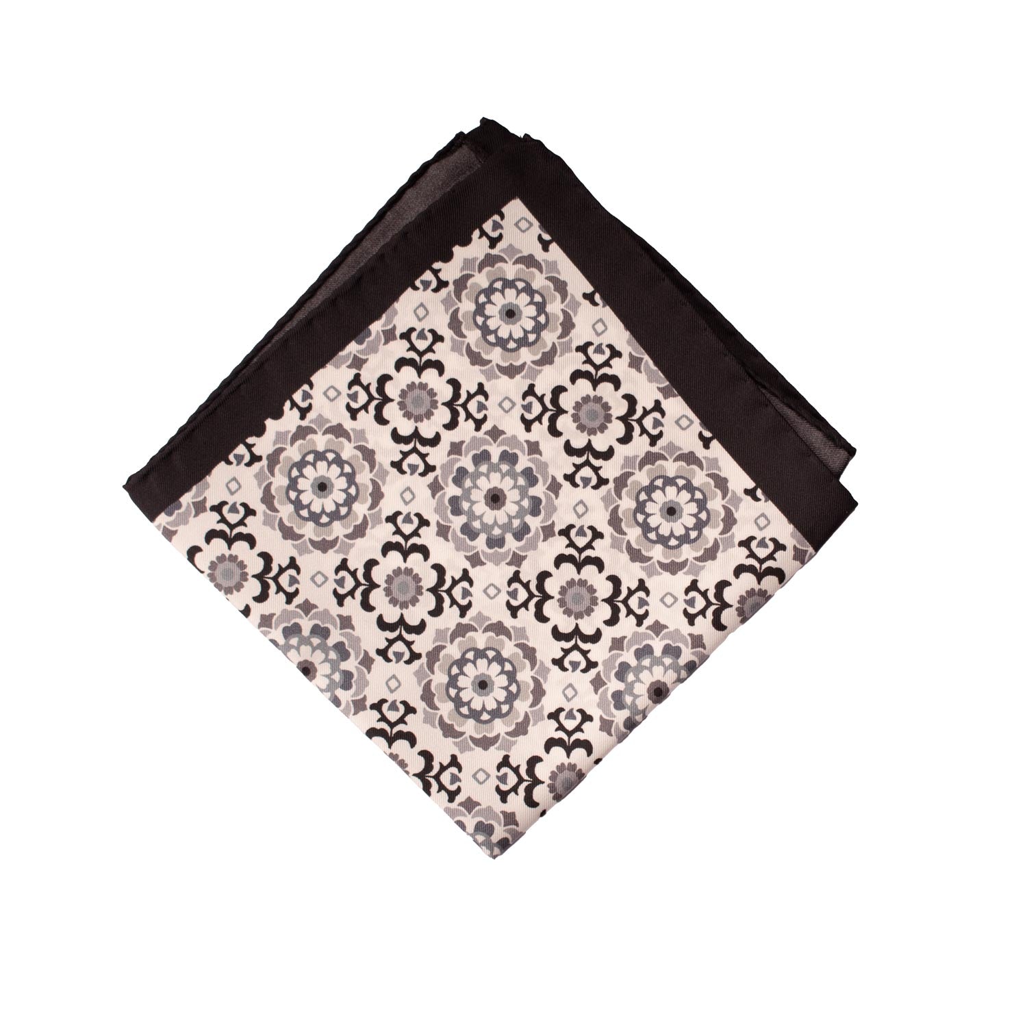 Fazzoletto da Taschino Vintage di Seta Bianco Fantasia Nera Grigia POCV640 Piegata