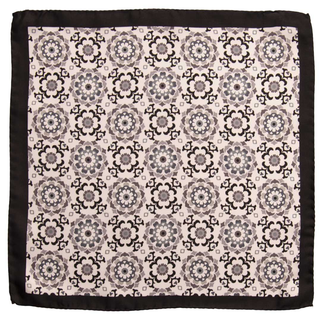 Fazzoletto da Taschino Vintage di Seta Bianco Fantasia Nera Grigia POCV640 Made in Italy Graffeo Cravatte