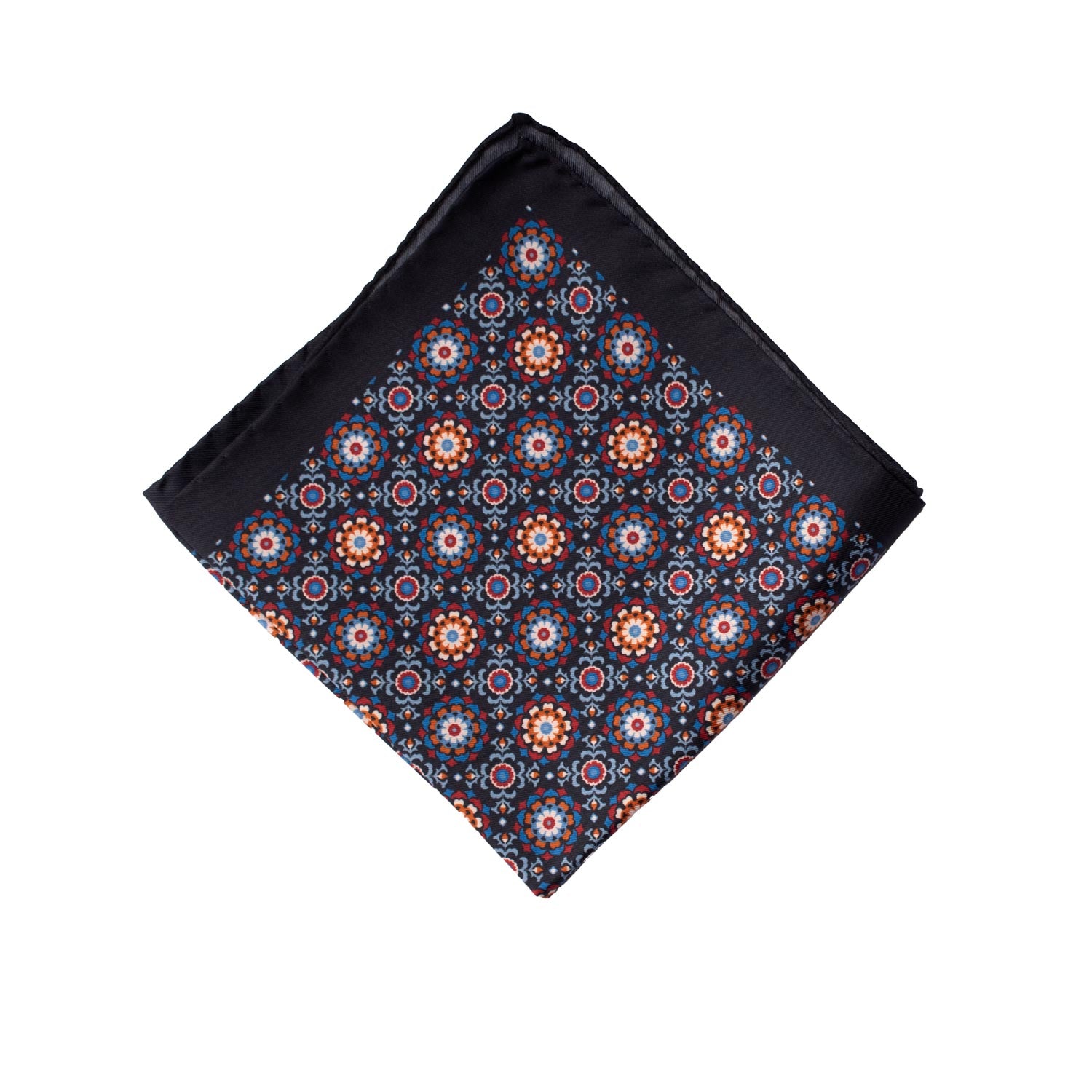 Fazzoletto da Taschino Vintage di Seta Blu Fantasia Multicolor POCV636 Piegata