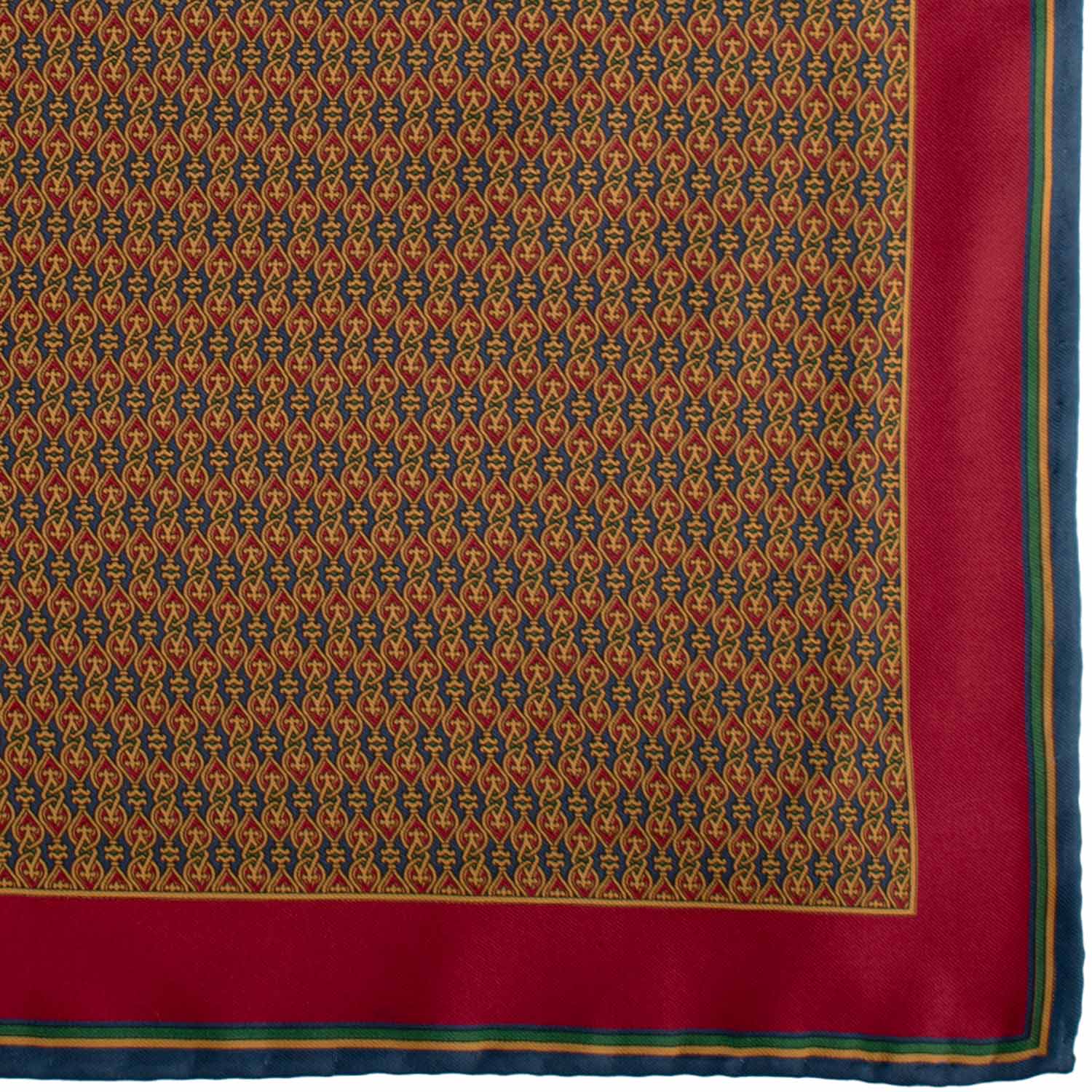 Fazzoletto da Taschino Vintage di Seta Blu Navy Fantasia Bordeaux Verde Giallo Oro POCV992 Graffeo Cravatte Made in Italy Dettaglio