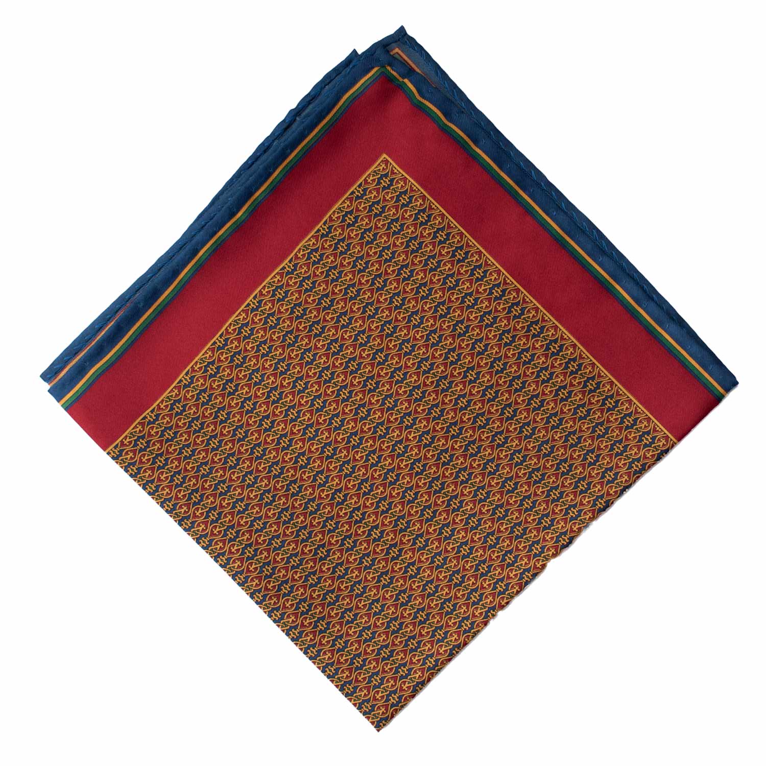 Fazzoletto da Taschino Vintage di Seta Blu Navy Fantasia Bordeaux Verde Giallo Oro POCV992 Graffeo Cravatte Made in Italy Rombo