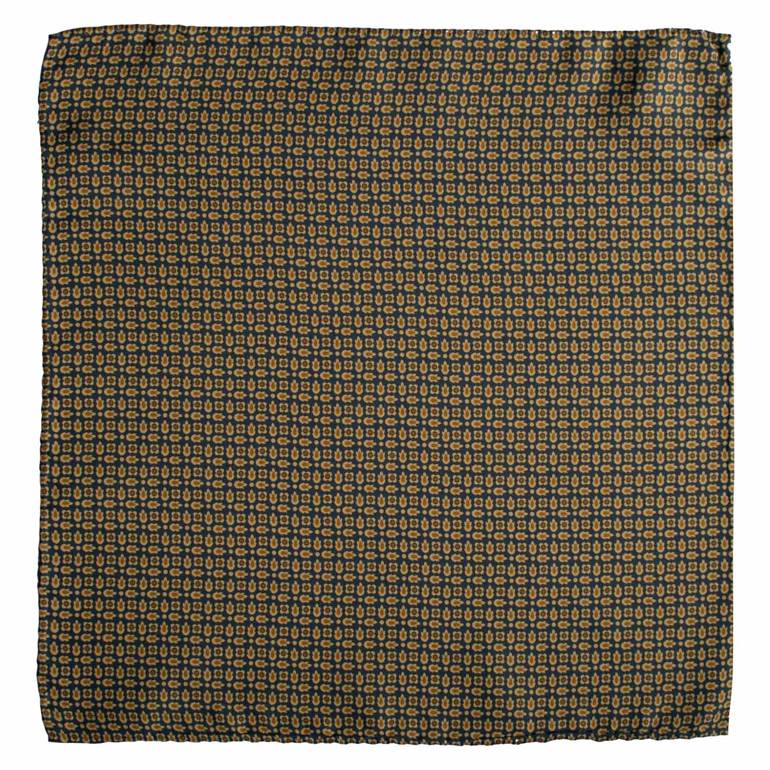 Fazzoletto da Taschino Vintage di Seta Blu Navy Fantasia Giallo Senape POCV1027 Graffeo Cravatte Made in Italy