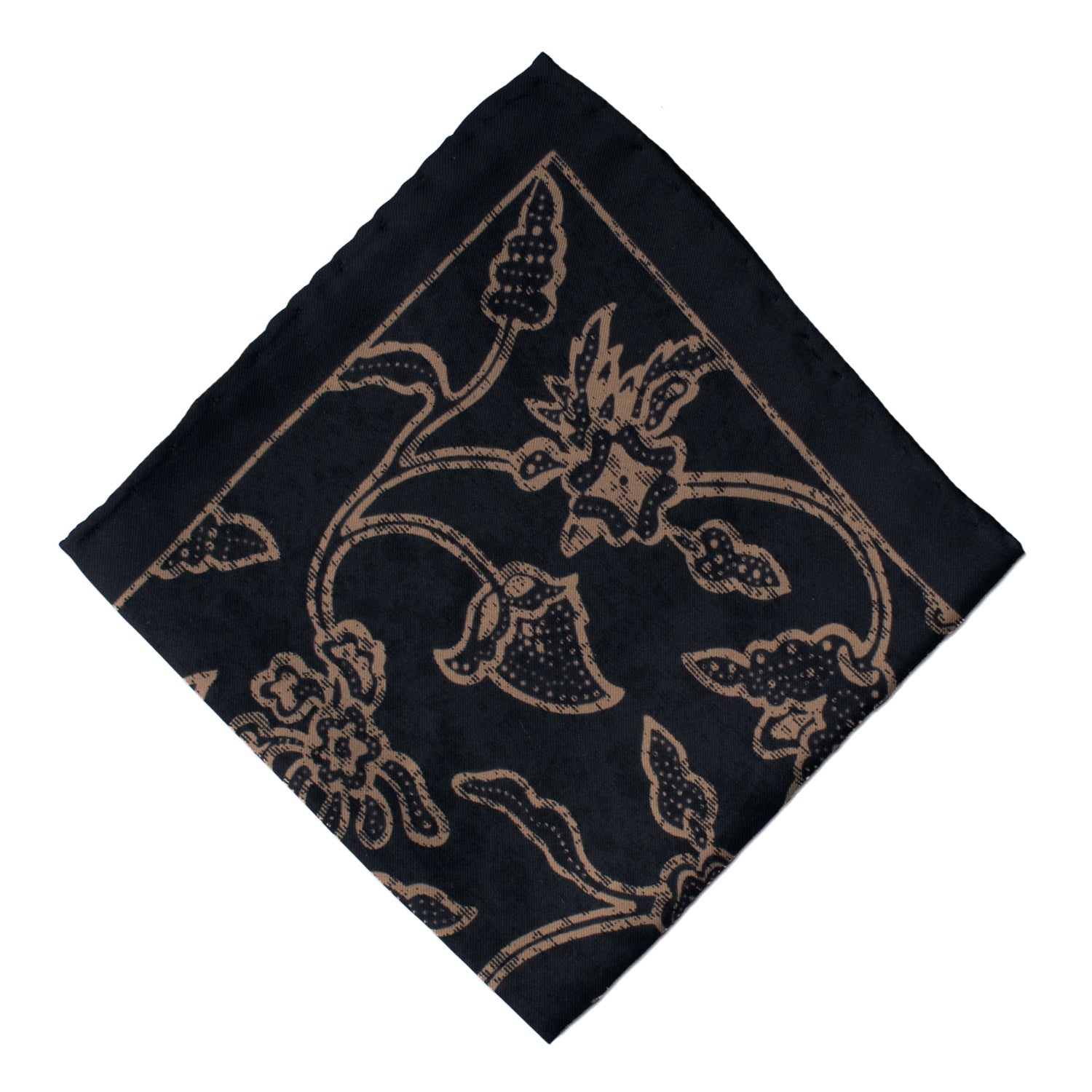 Fazzoletto da Taschino Vintage di Seta Blu Notte a Fiori Beige POCV1085 Made in Italy Graffeo Cravatte Rombo