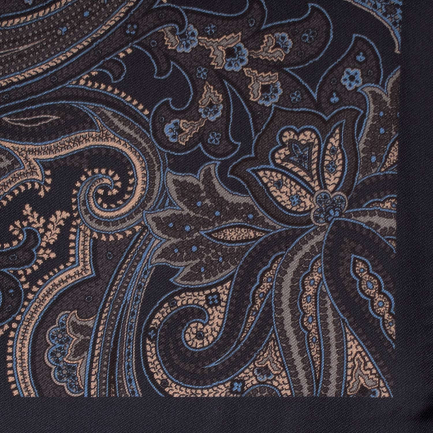 Fazzoletto da Taschino Vintage di Seta Blu Paisley Celeste Grigio Beige POCV665 Dettaglio