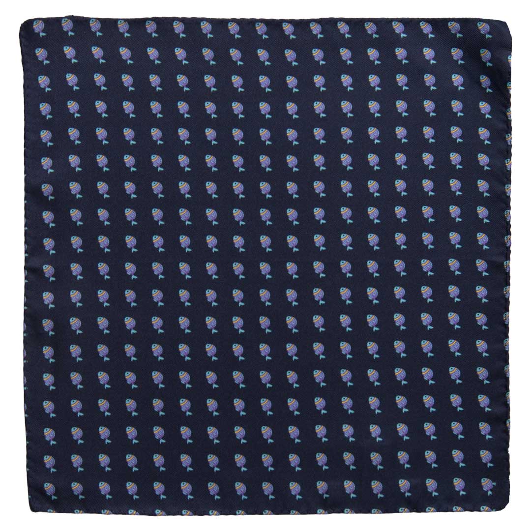 Fazzoletto da Taschino Vintage di Seta Blu con Animali POCV698 Made in Italy Graffeo Cravatte