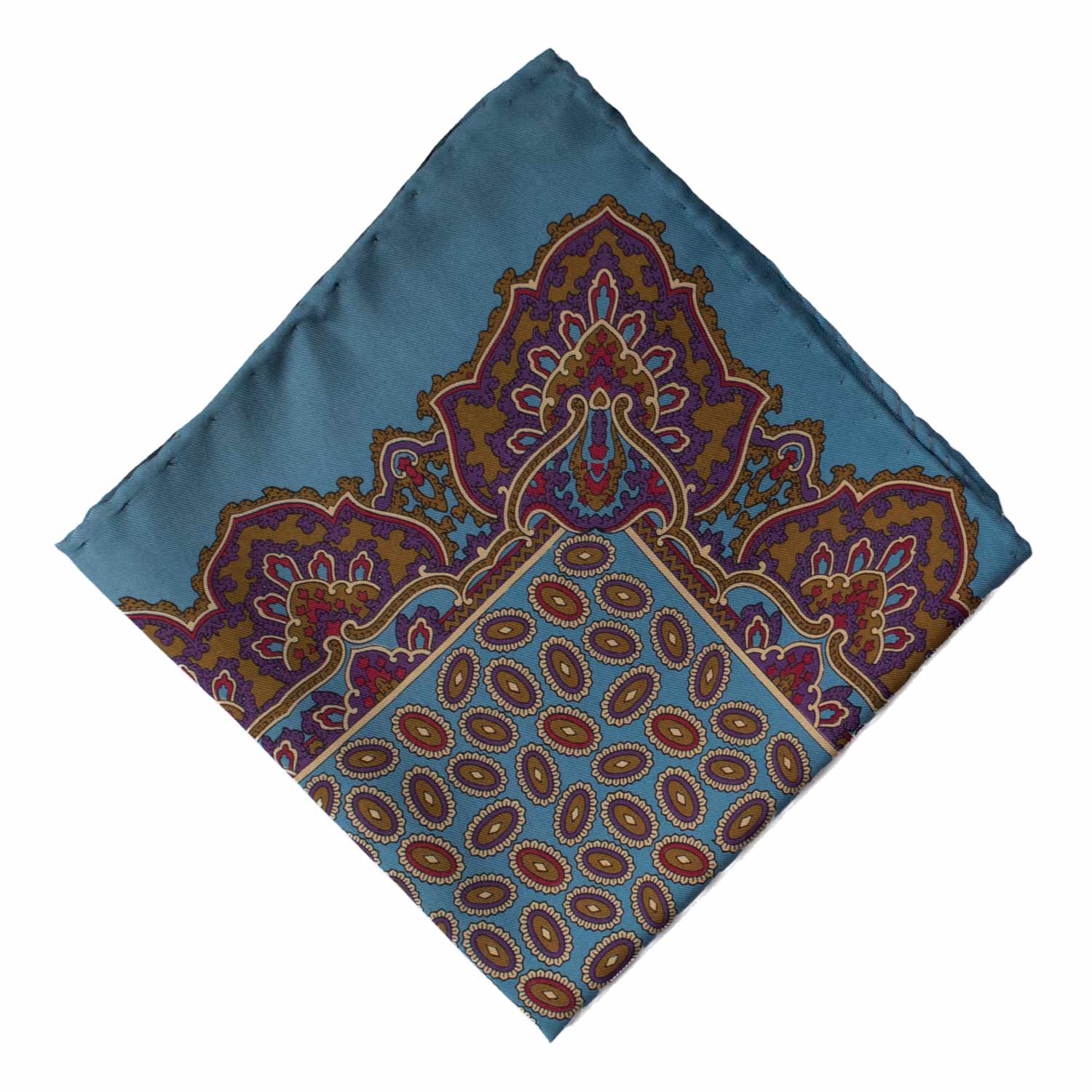 Fazzoletto da Taschino Vintage di Seta Bondi Blu Fantasia Multicolor POCV887 Graffeo Cravatte Made in Italy Rombo