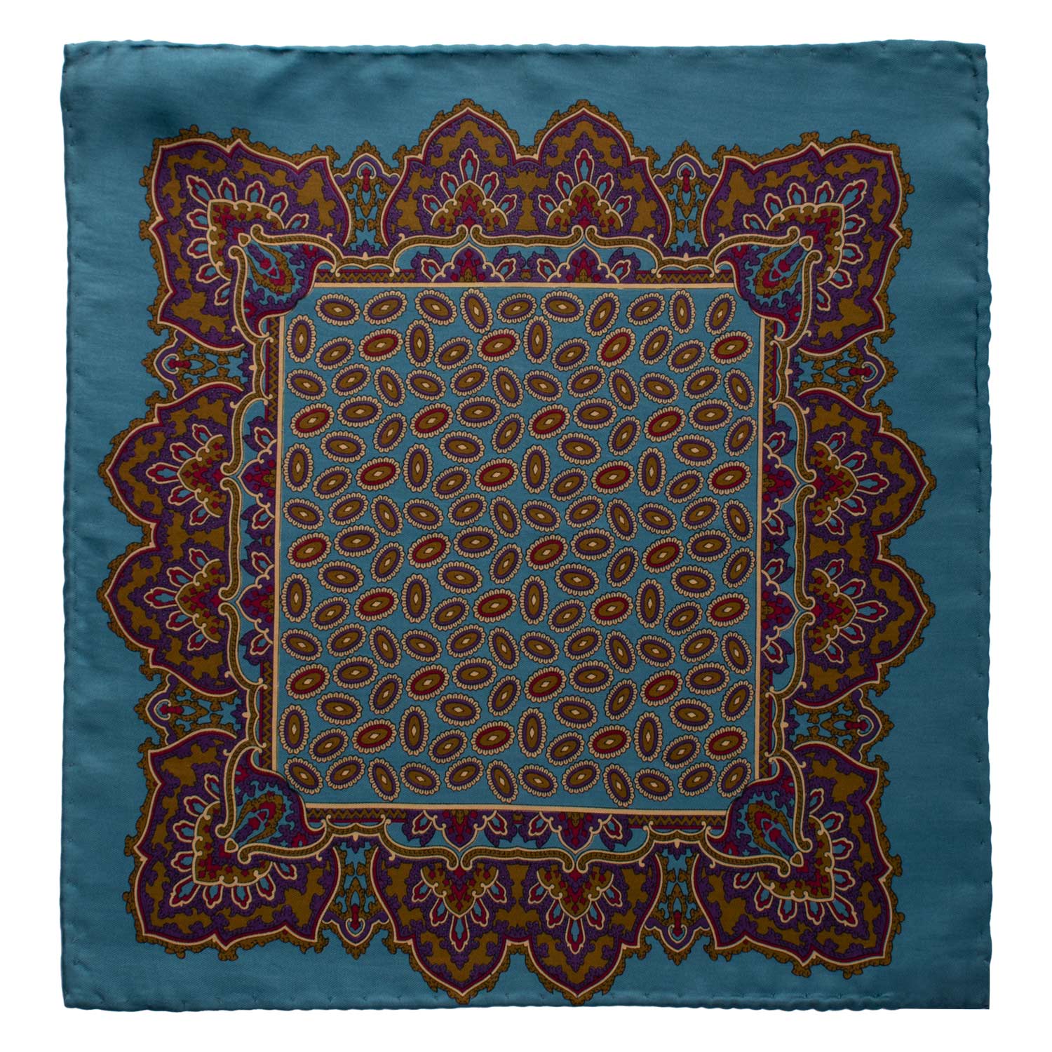 Fazzoletto da Taschino Vintage di Seta Bondi Blu Fantasia Multicolor POCV887 Graffeo Cravatte Made in Italy