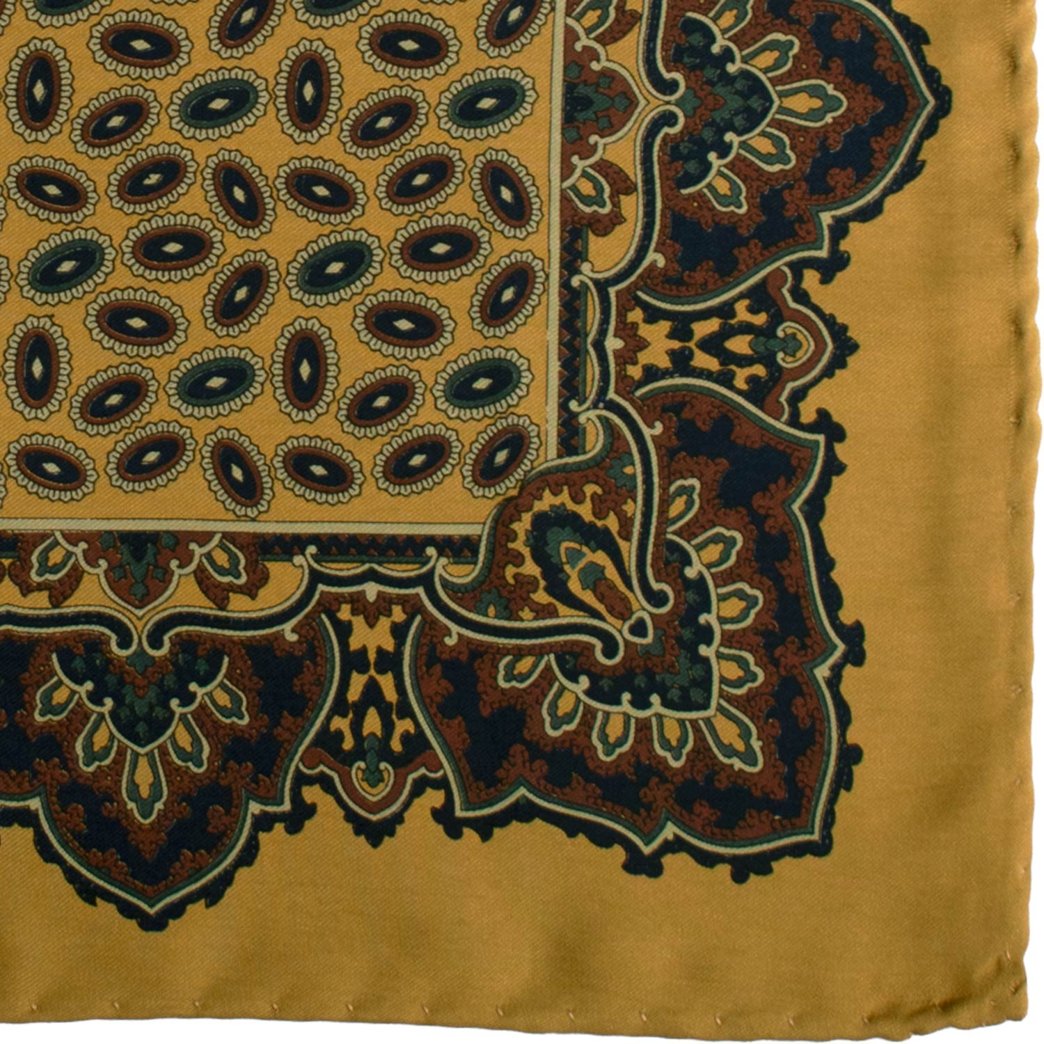 Fazzoletto da Taschino Vintage di Seta Giallo Ocra Fantasia Multicolor POCV991 Graffeo Cravatte Made in Italy Dettaglio
