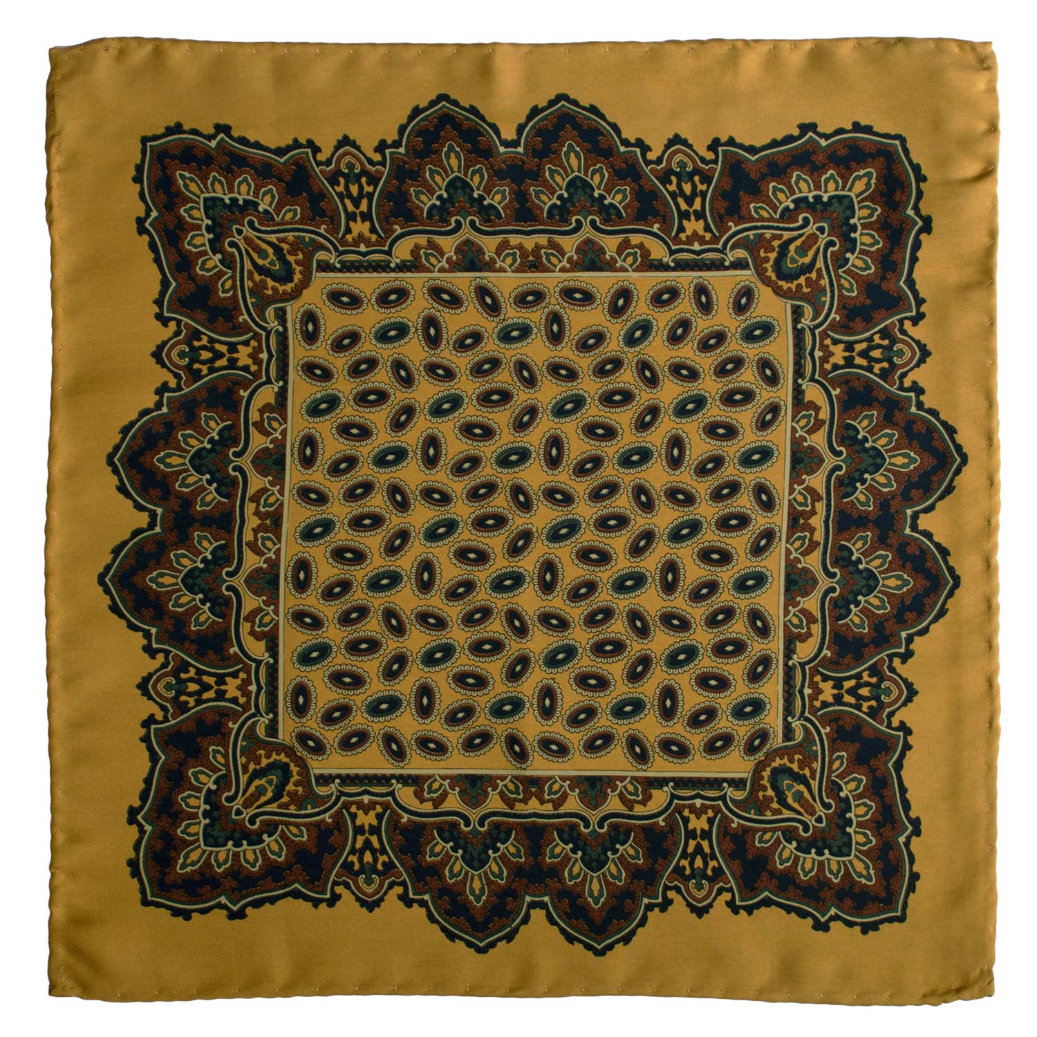 Fazzoletto da Taschino Vintage di Seta Giallo Ocra Fantasia Multicolor POCV991 Graffeo Cravatte Made in Italy