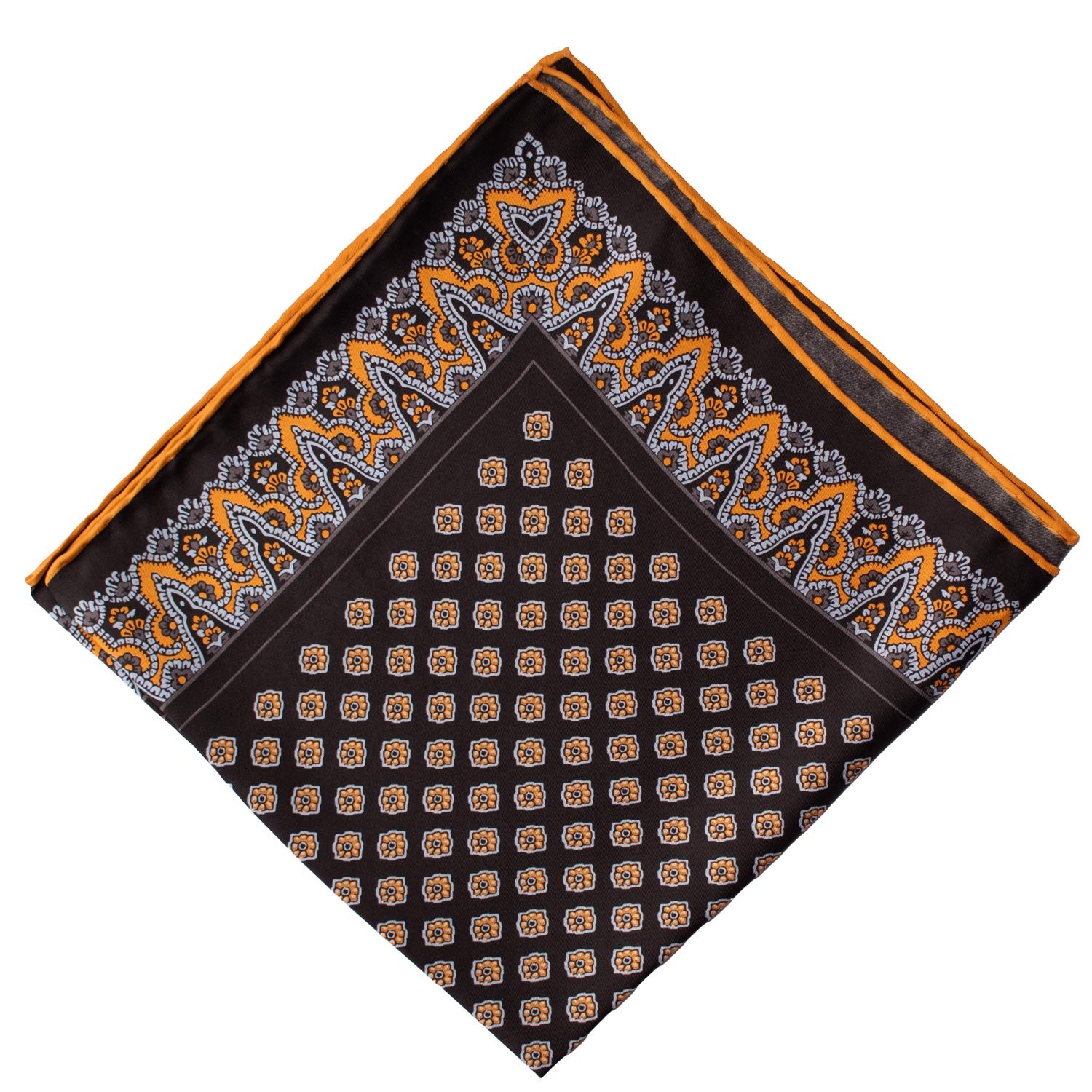 Fazzoletto da Taschino Vintage di Seta Nero Fantasia Arancione Celeste POCV621 Piegata