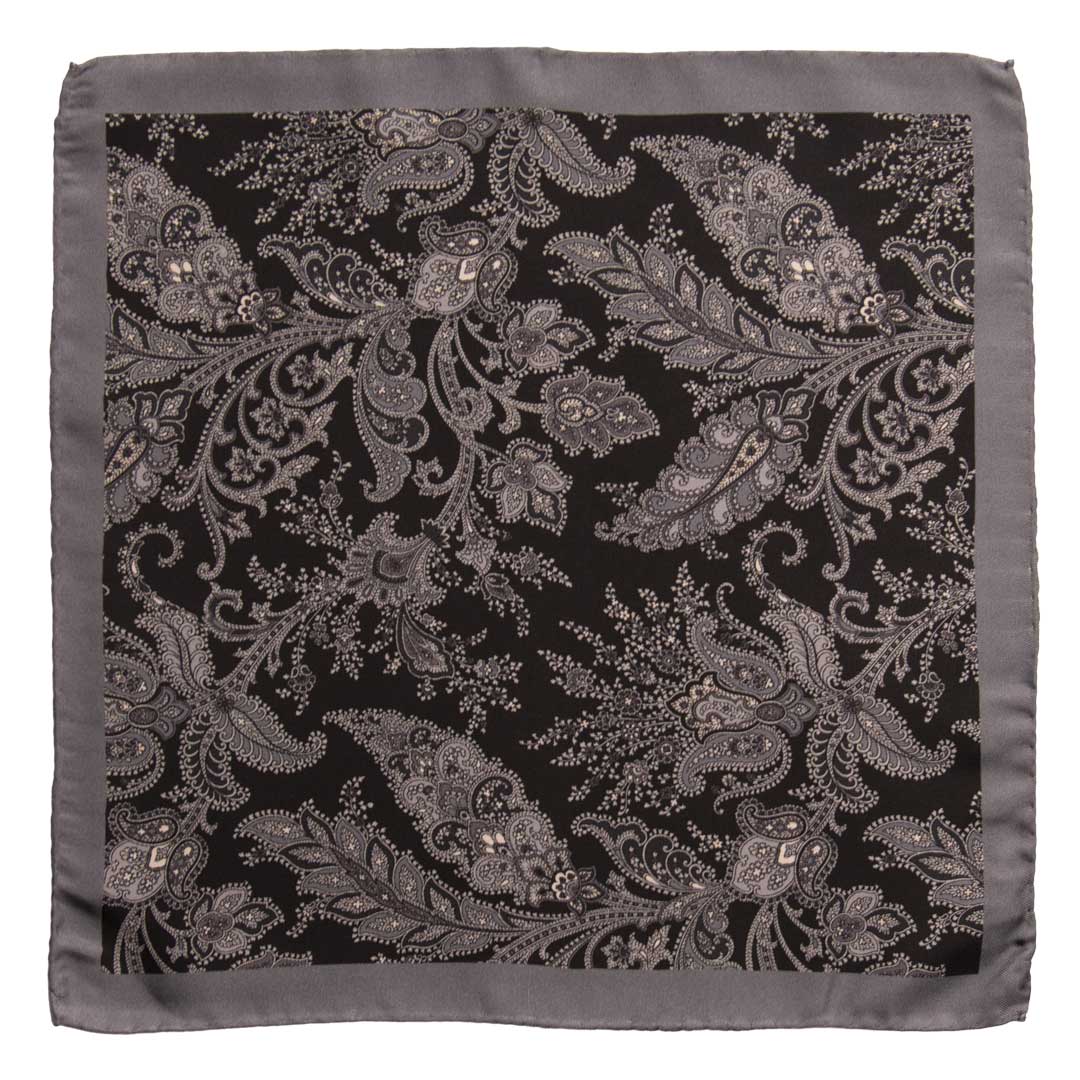 Fazzoletto da Taschino Vintage di Seta Nero Paisley Grigio POCV666 Made in Italy Graffeo Cravatte