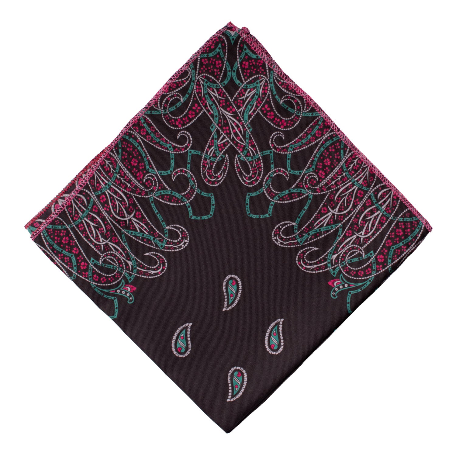 Man Black Vintage Silk Pocket Square Water Green Grey Fuchsia Paisley POCV1061