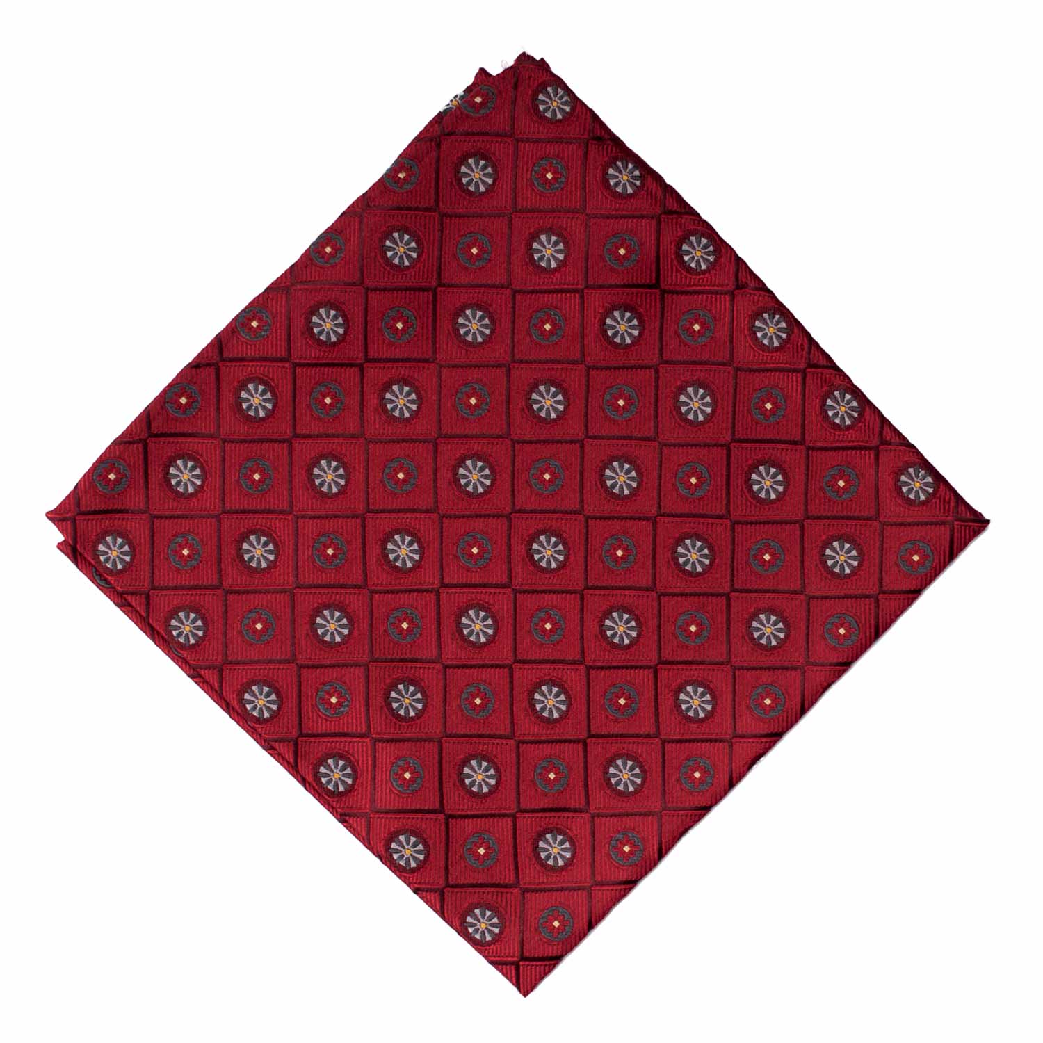 Fazzoletto da Taschino Vintage di Seta Rosso Fantasia Grigia Gialla Marrone POCV951 Graffeo Cravatte Made in Italy Rombo