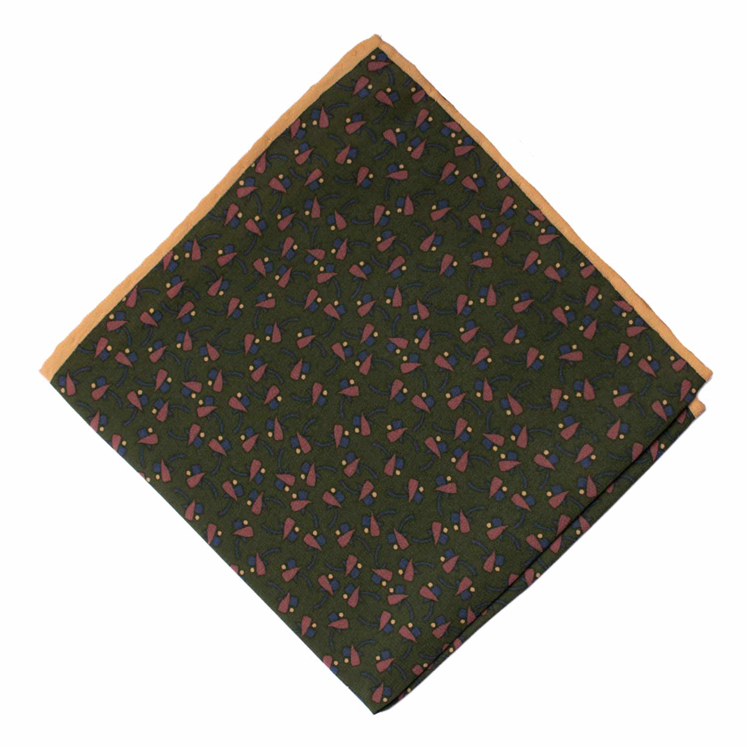Fazzoletto da Taschino Vintage di Seta Verde Scuro Fantasia Rosa Blu Navy Giallo Crema POCV984 Graffeo Cravatte Made in Italy Rombo