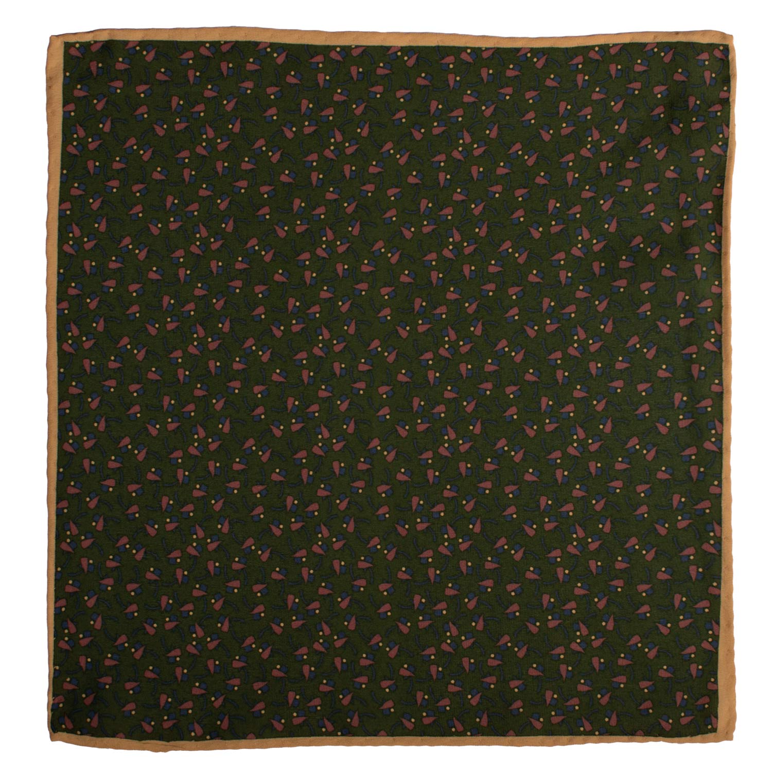 Fazzoletto da Taschino Vintage di Seta Verde Scuro Fantasia Rosa Blu Navy Giallo Crema POCV984 Graffeo Cravatte Made in Italy