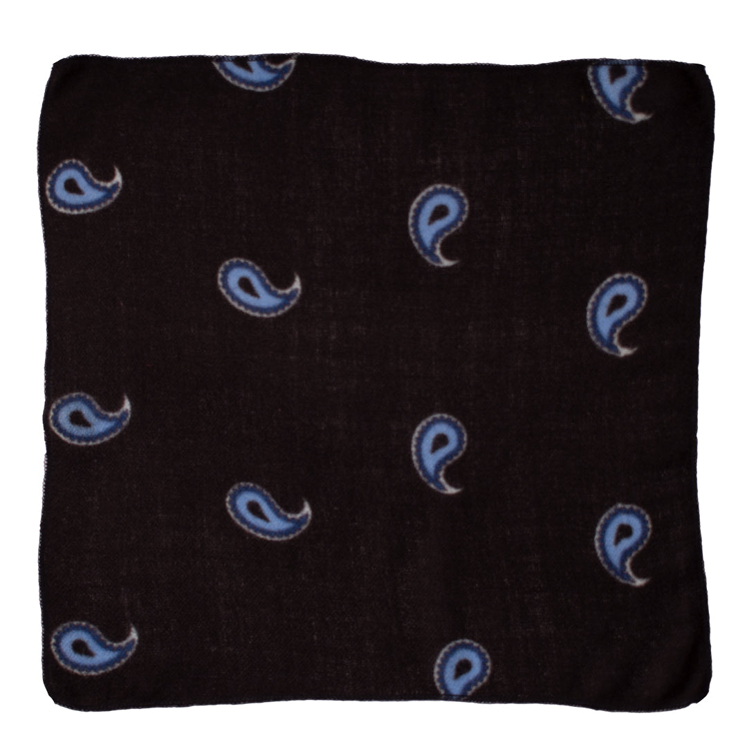 Fazzoletto da Taschino di Cashmere Nero Paisley Celeste Bluette Made in Italy Graffeo Cravatte