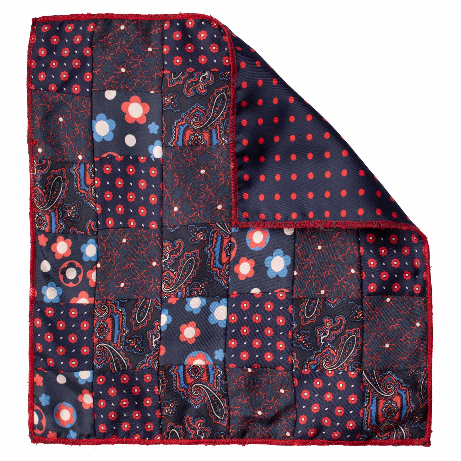 Fazzoletto da Taschino di Seta Blu Vintage Patchwork Fantasia Multicolor POCP101 Made in Italy Graffeo Cravatte Retro