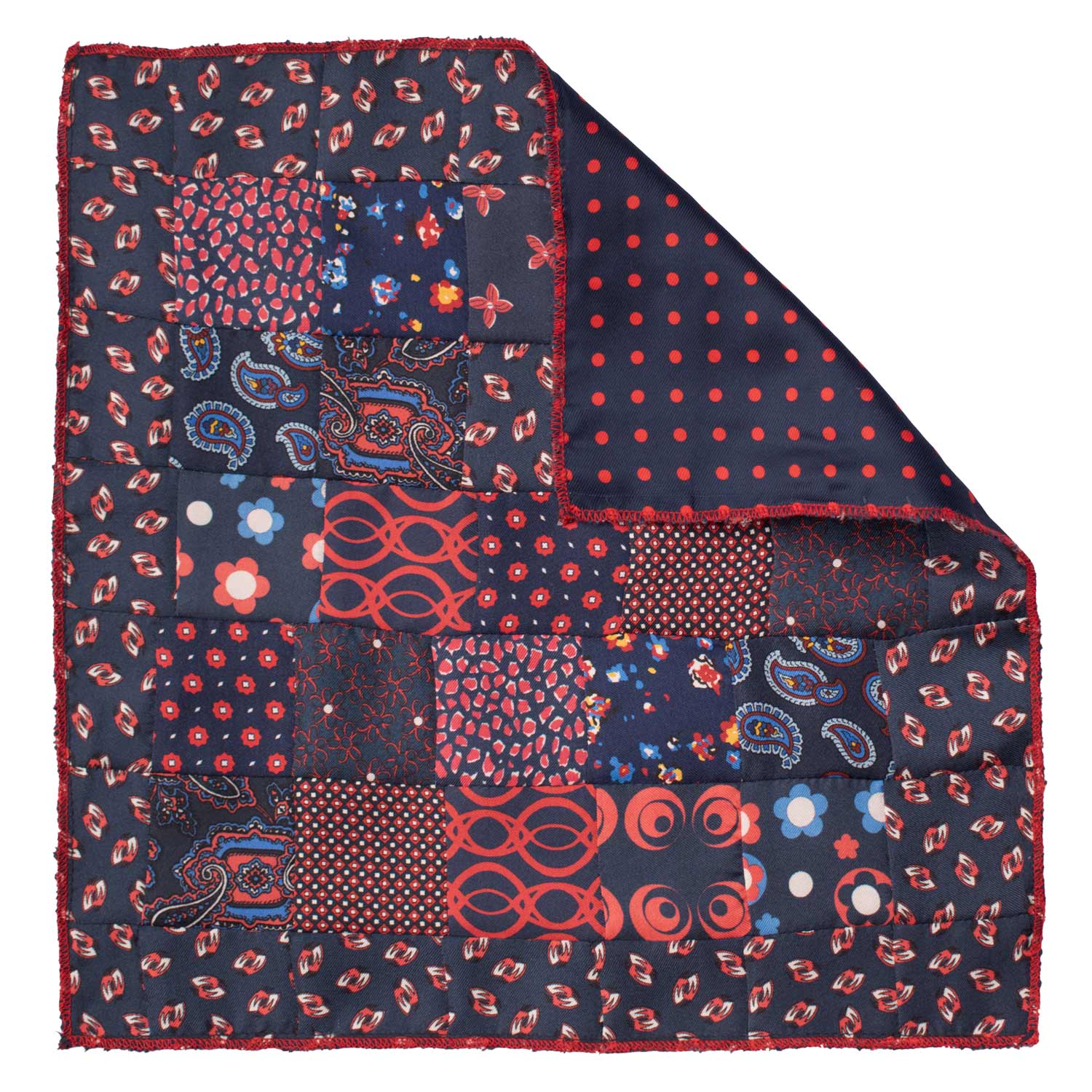 Fazzoletto da Taschino di Seta Blu Vintage Patchwork Fantasia Multicolor POCP113 Made in Italy Graffeo Cravatte Retro