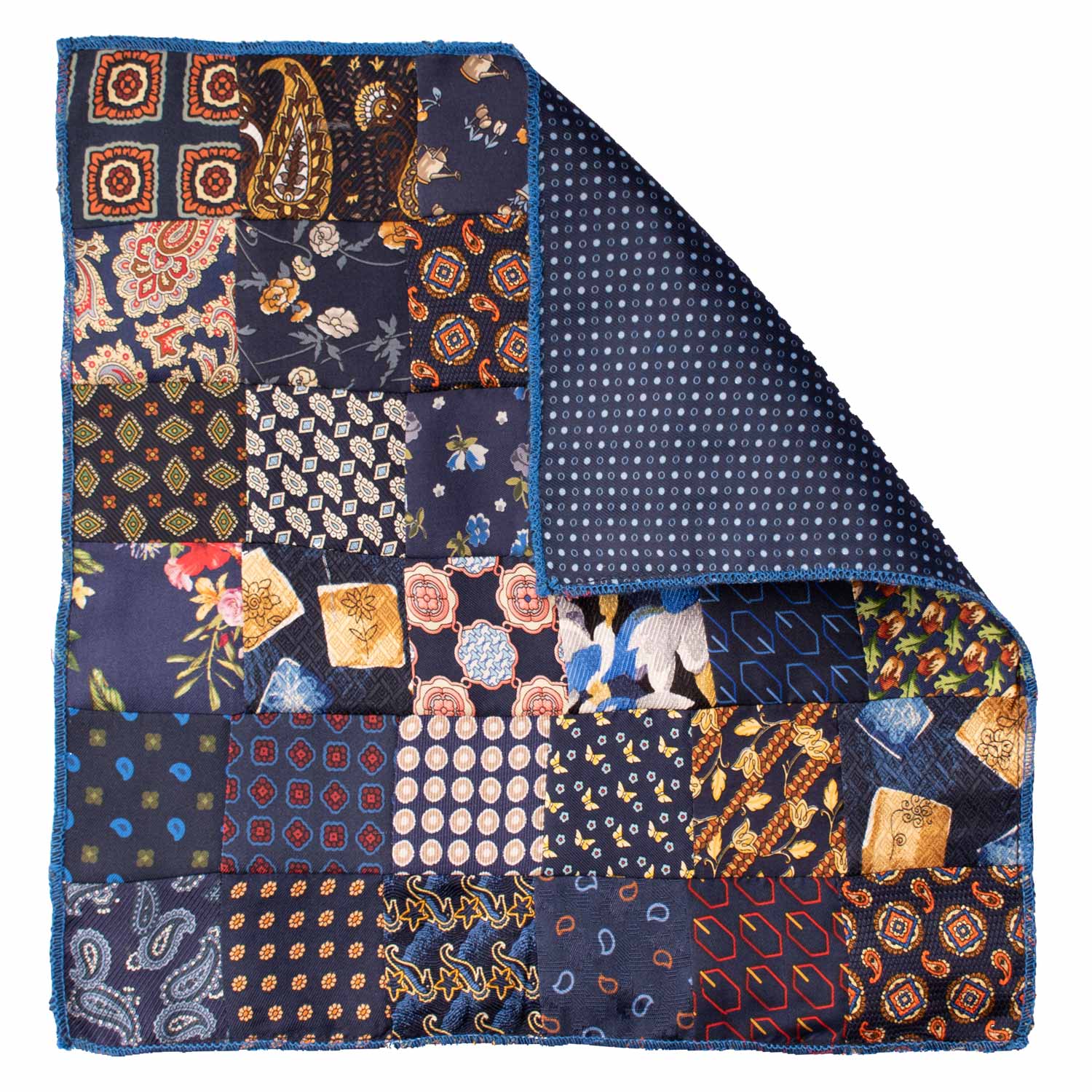 Fazzoletto da Taschino di Seta Blu Vintage Patchwork Fantasia Multicolor POCP60 Made in Italy Graffeo Cravatte Retro