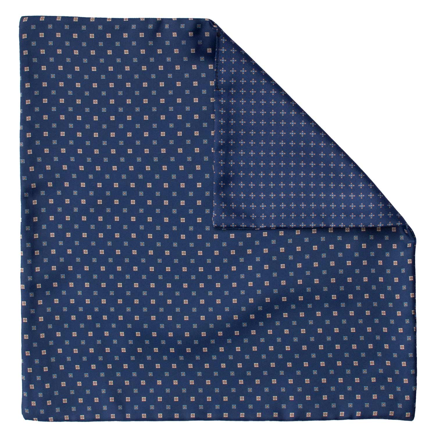Fazzoletto da Taschino di Seta Double-Face Blu Navy Fantasia Celeste Bianca Beige POC620 Graffeo Cravatte Made in Italy