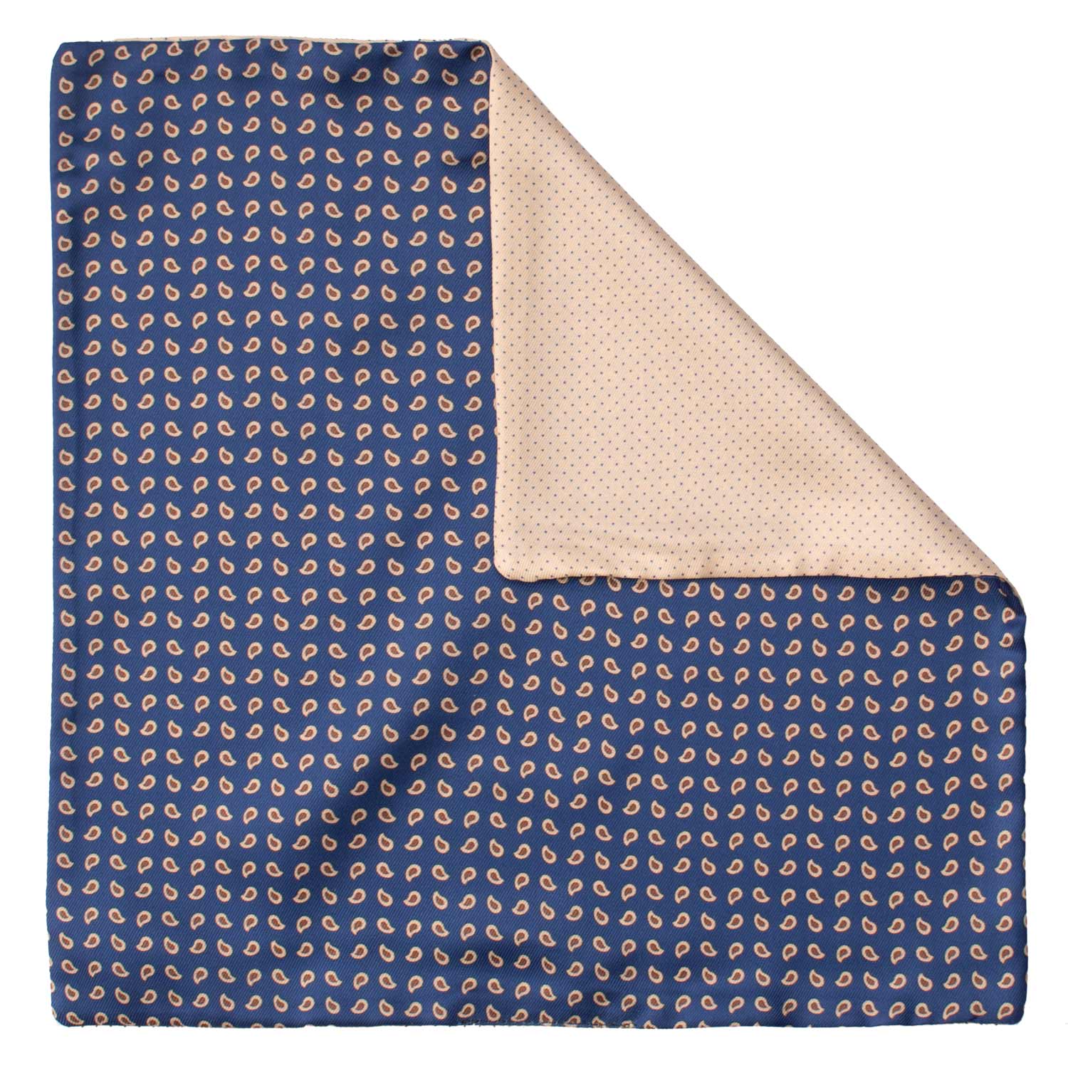 Fazzoletto da Taschino di Seta Double-Face Blu Navy Giallo Chiaro Fantasia Beige Marrone POC645 Graffeo Cravatte Made in Italy