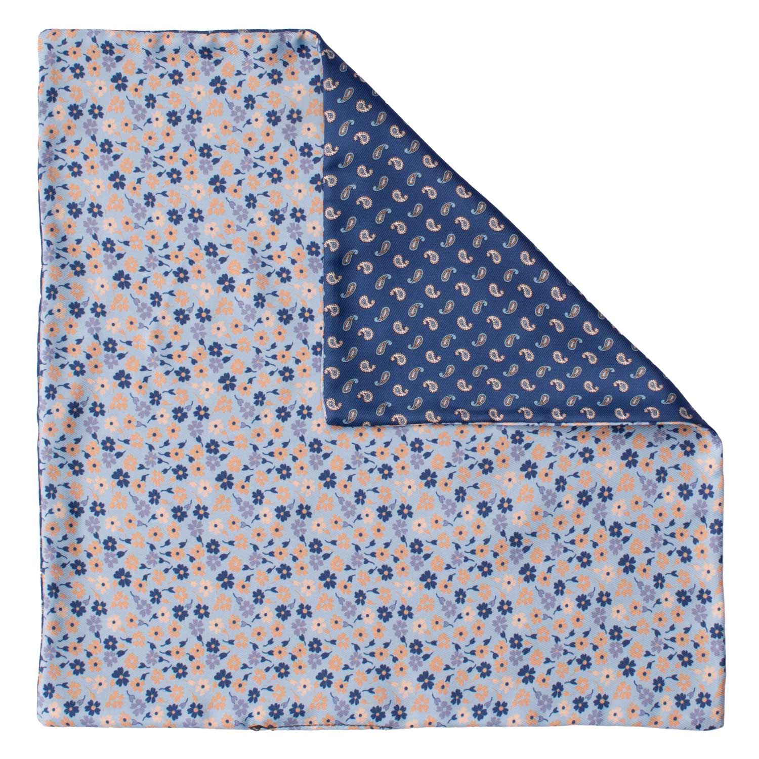 Fazzoletto da Taschino di Seta Double-Face Celeste Blu Navy Fantasia Multicolor POC626 Graffeo Cravatte Made in Italy