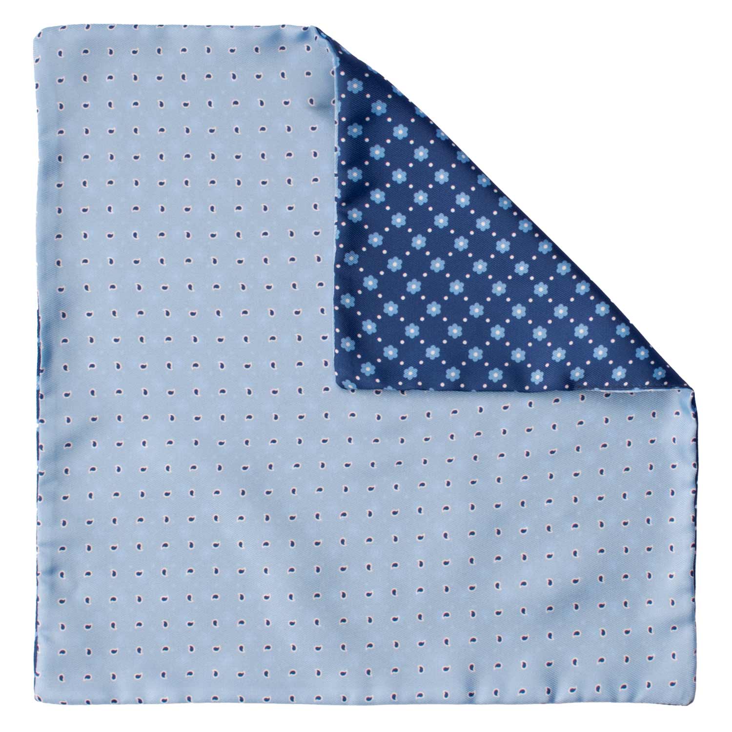 Fazzoletto da Taschino di Seta Double-Face Celeste Blu Navy Fantasia Multicolor POC627 Graffeo Cravatte Made in Italy